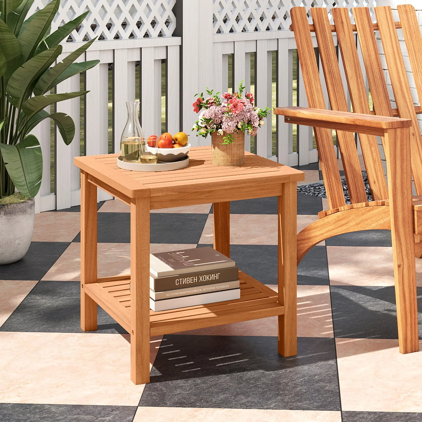 Patio Acacia Wood Side Table with Slatted Tabletop and Storage Shelf - Image 3