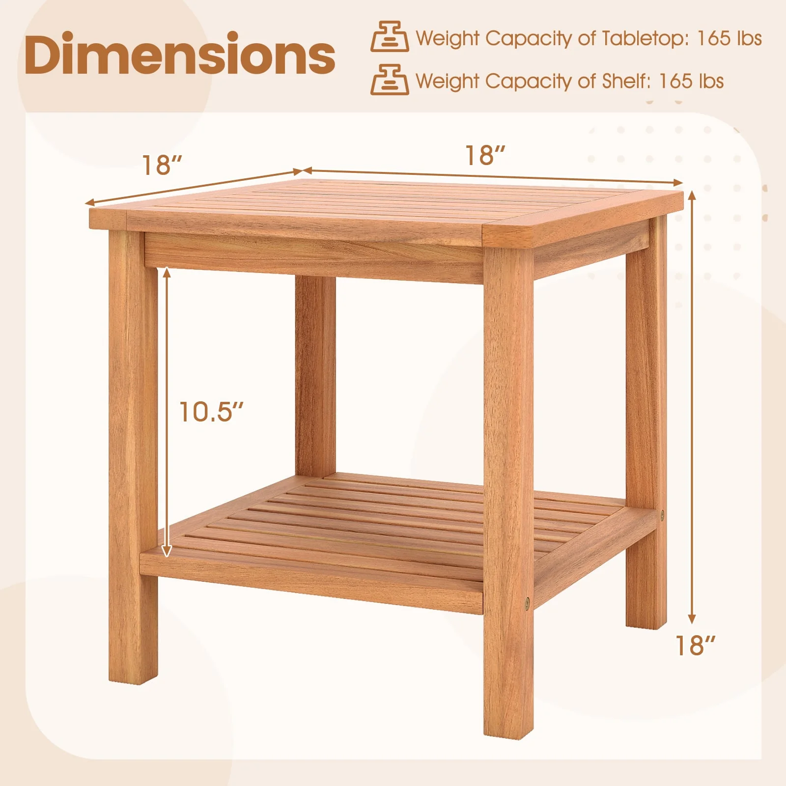 Patio Acacia Wood Side Table with Slatted Tabletop and Storage Shelf - Image 5