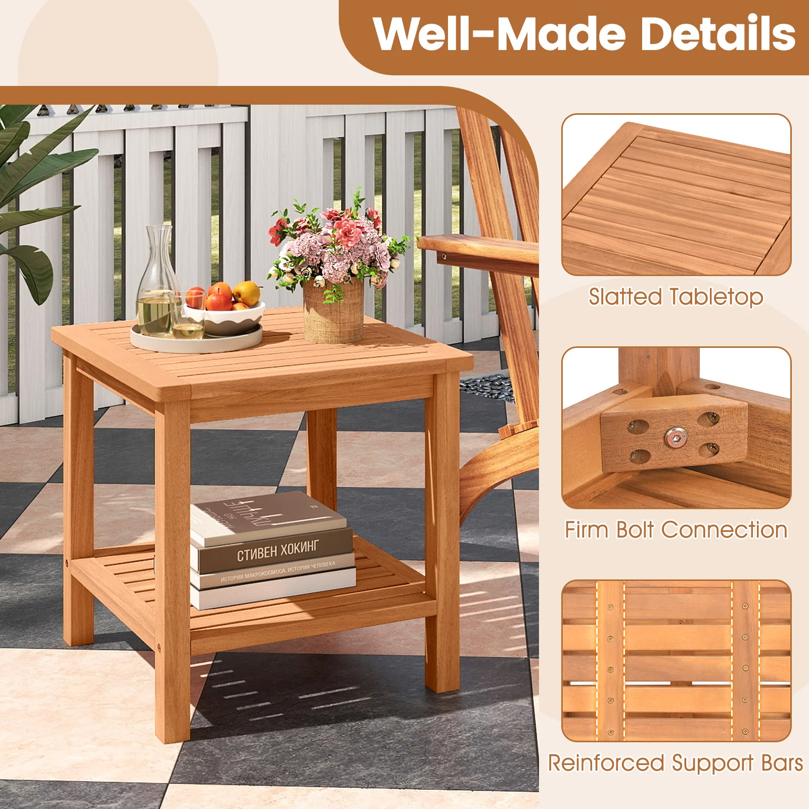 Patio Acacia Wood Side Table with Slatted Tabletop and Storage Shelf - Image 8