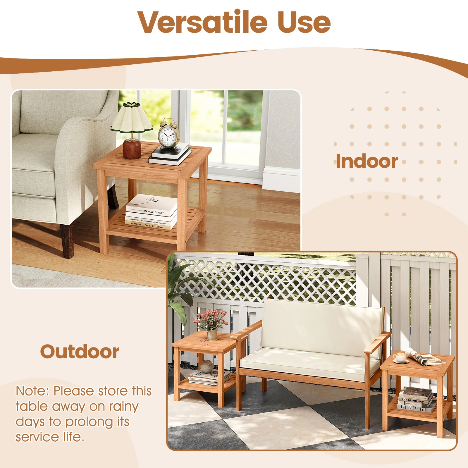 Patio Acacia Wood Side Table with Slatted Tabletop and Storage Shelf - Image 9