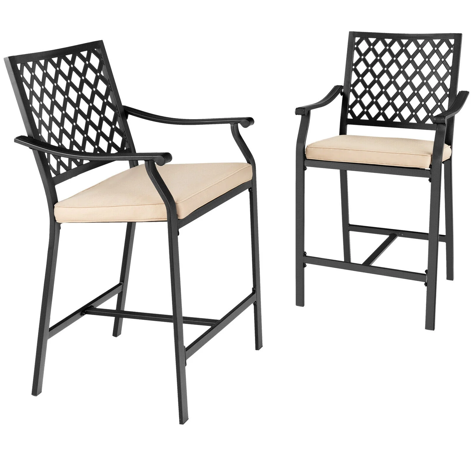 Patio Bar Stool, 2 Pieces, With Height Cushion And Armrest, Black