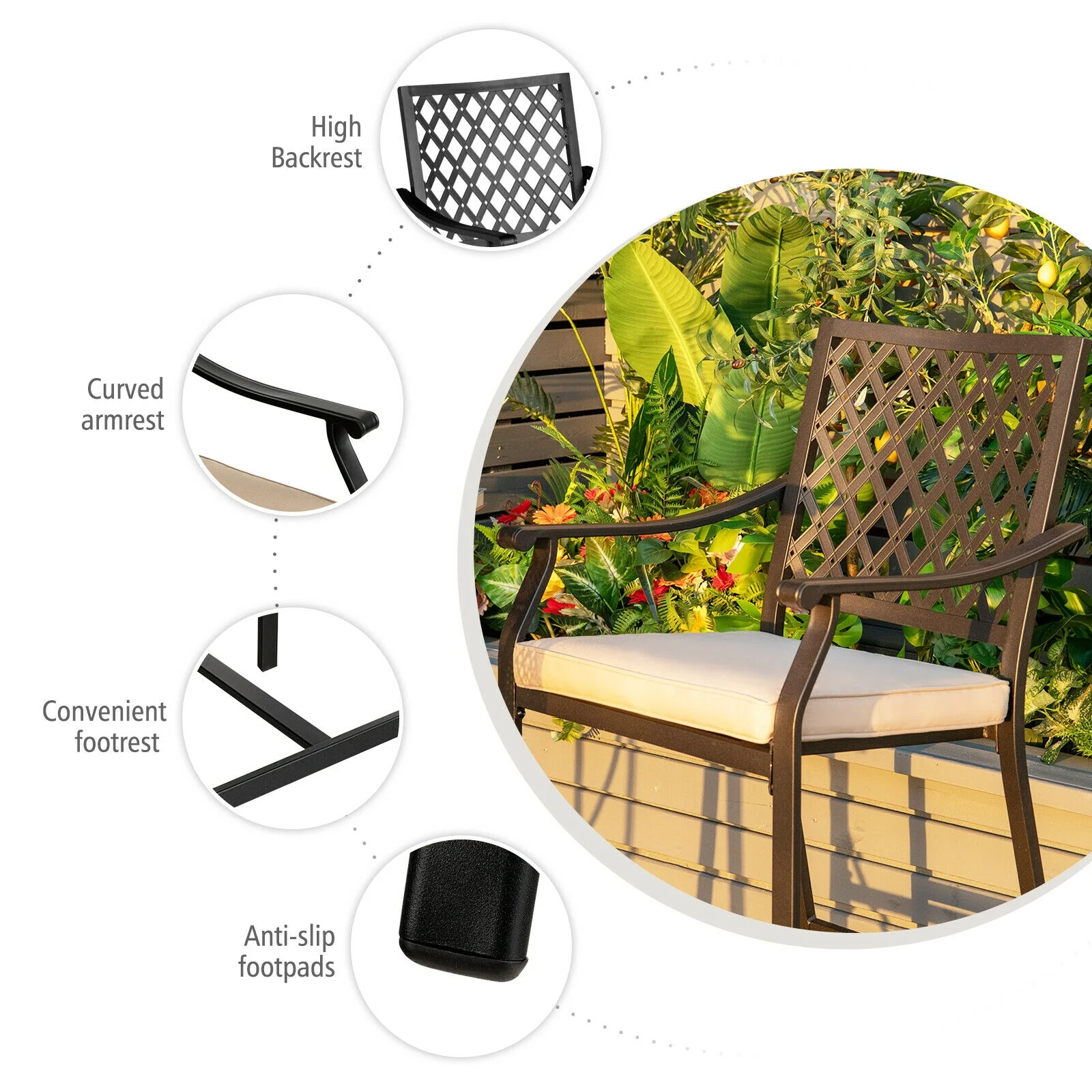 Patio Bar Stool, 2 Pieces, With Height Cushion And Armrest, Black - Image 10