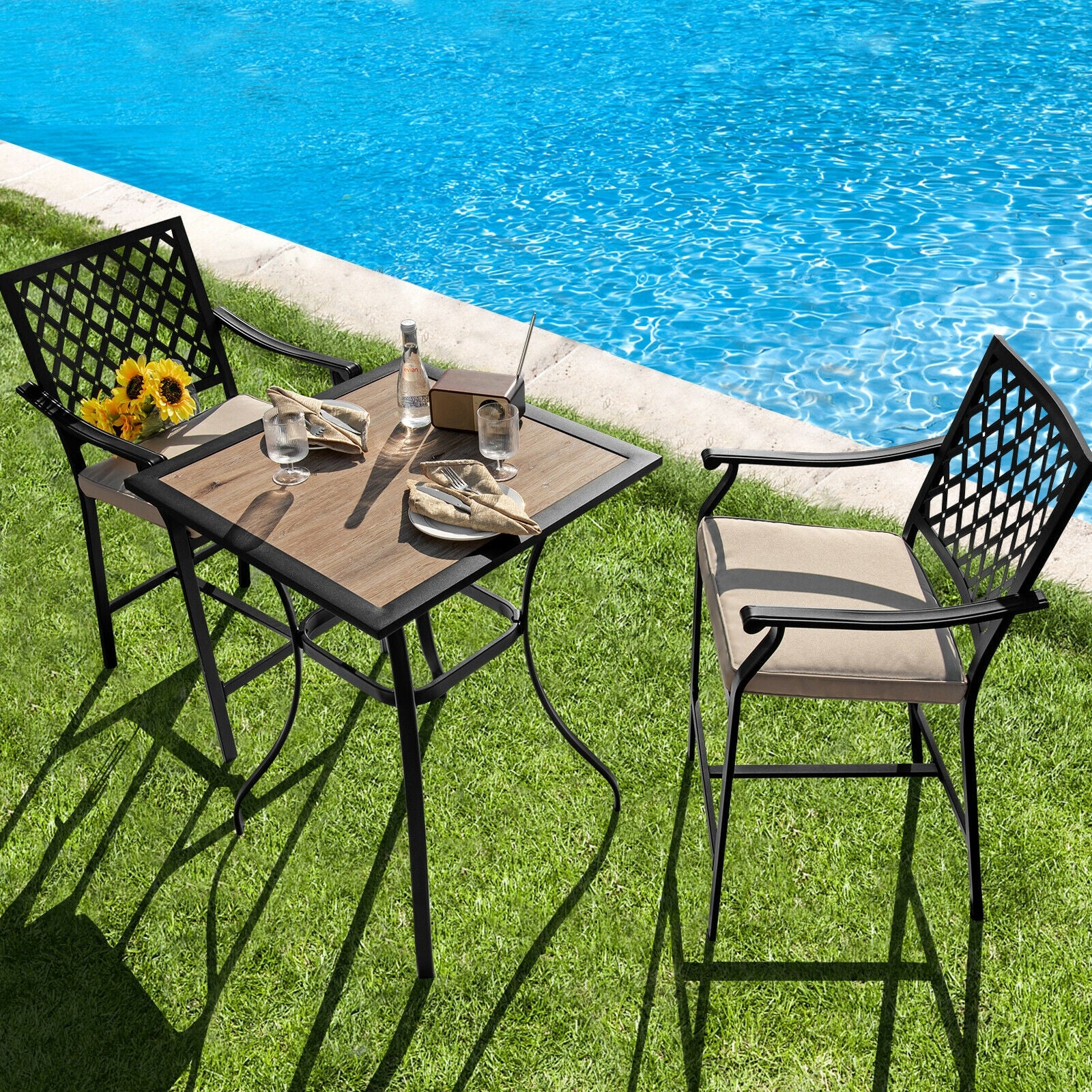 Patio Bar Stool, 2 Pieces, With Height Cushion And Armrest, Black - Image 2