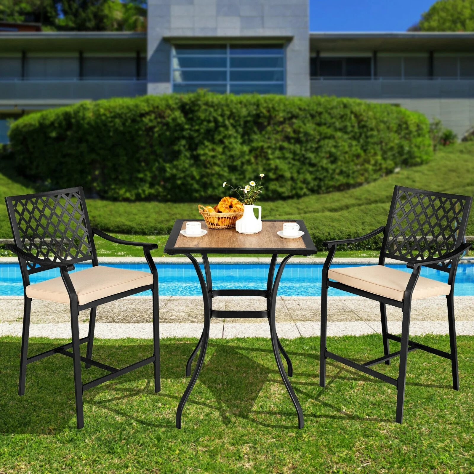Patio Bar Stool, 2 Pieces, With Height Cushion And Armrest, Black - Image 3