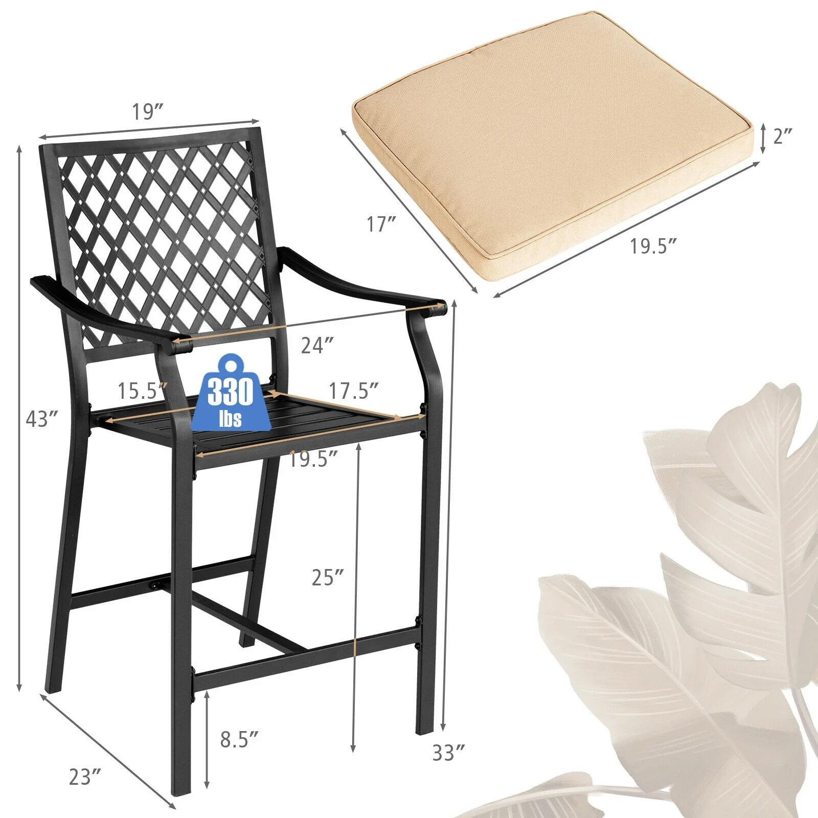 Patio Bar Stool, 2 Pieces, With Height Cushion And Armrest, Black - Image 5
