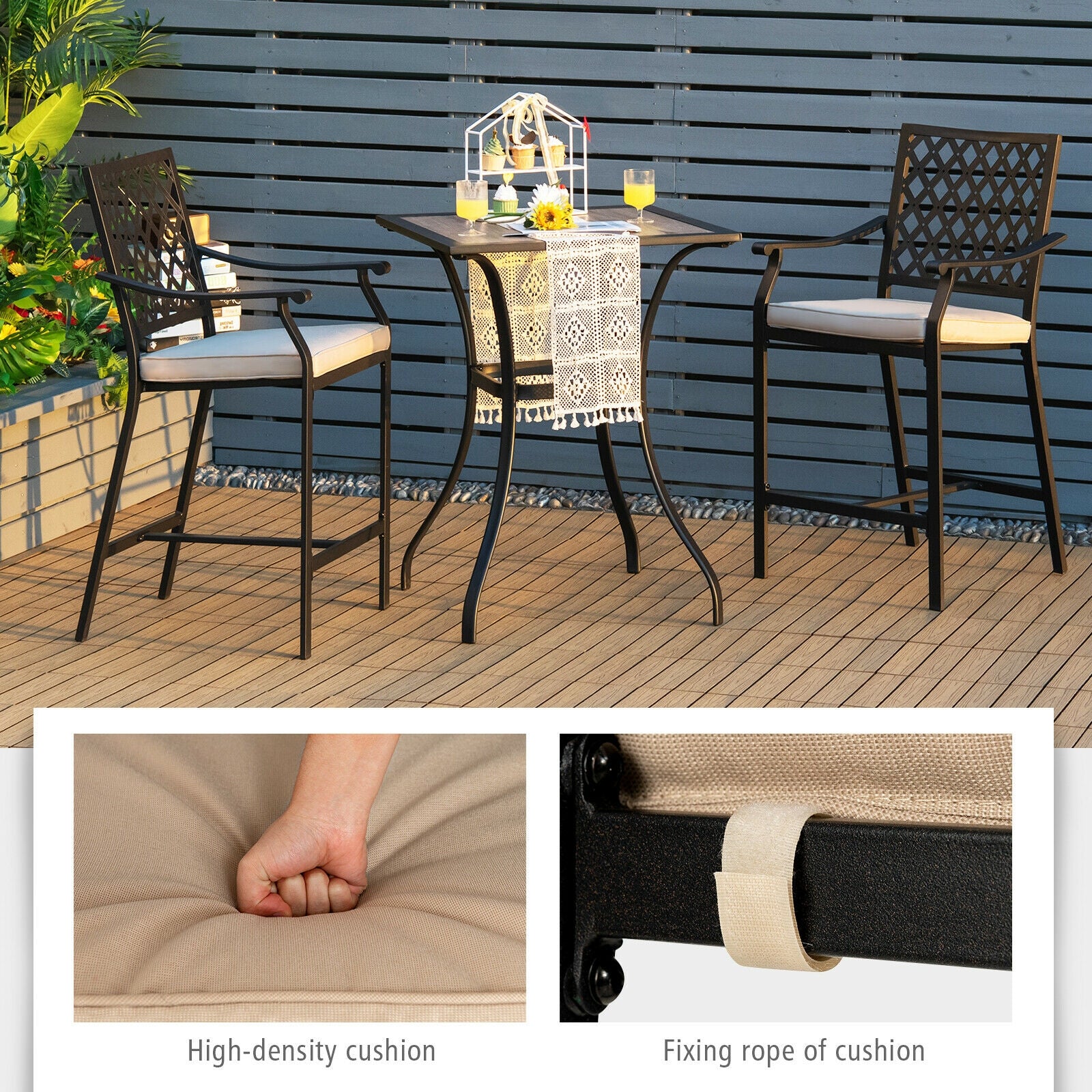 Patio Bar Stool, 2 Pieces, With Height Cushion And Armrest, Black - Image 7