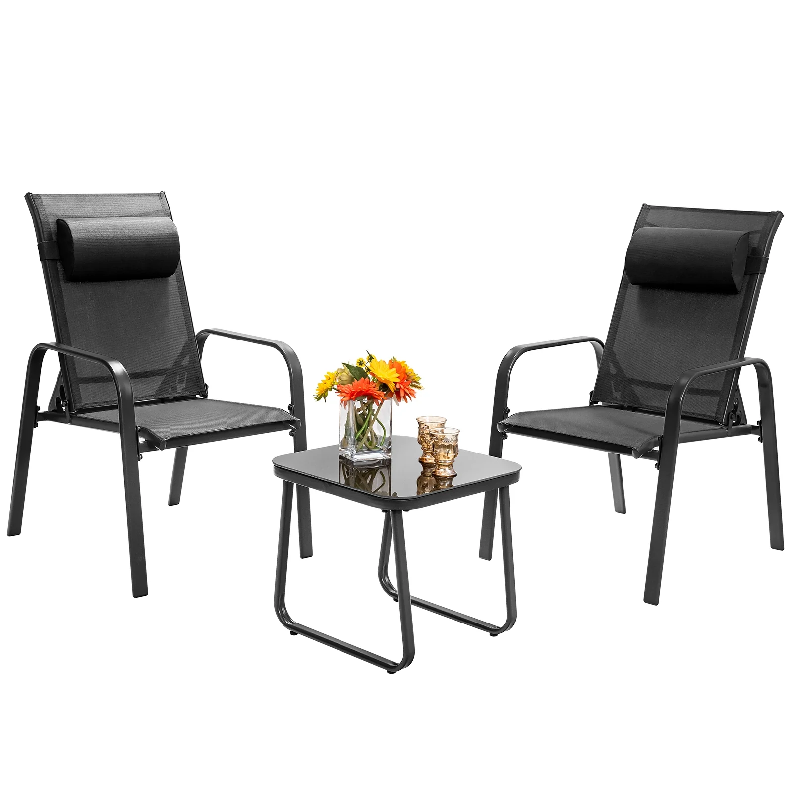 Patio Bistro Furniture Set, 3 Pieces, Adjustable Backrest, Black - Image 5