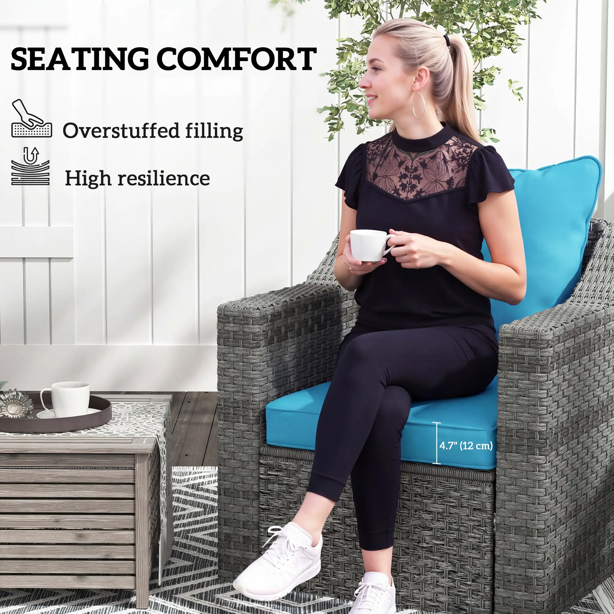 Patio Chair Cushions Set, 2 Seat Cushion Back Pillows, Turquoise - Image 6