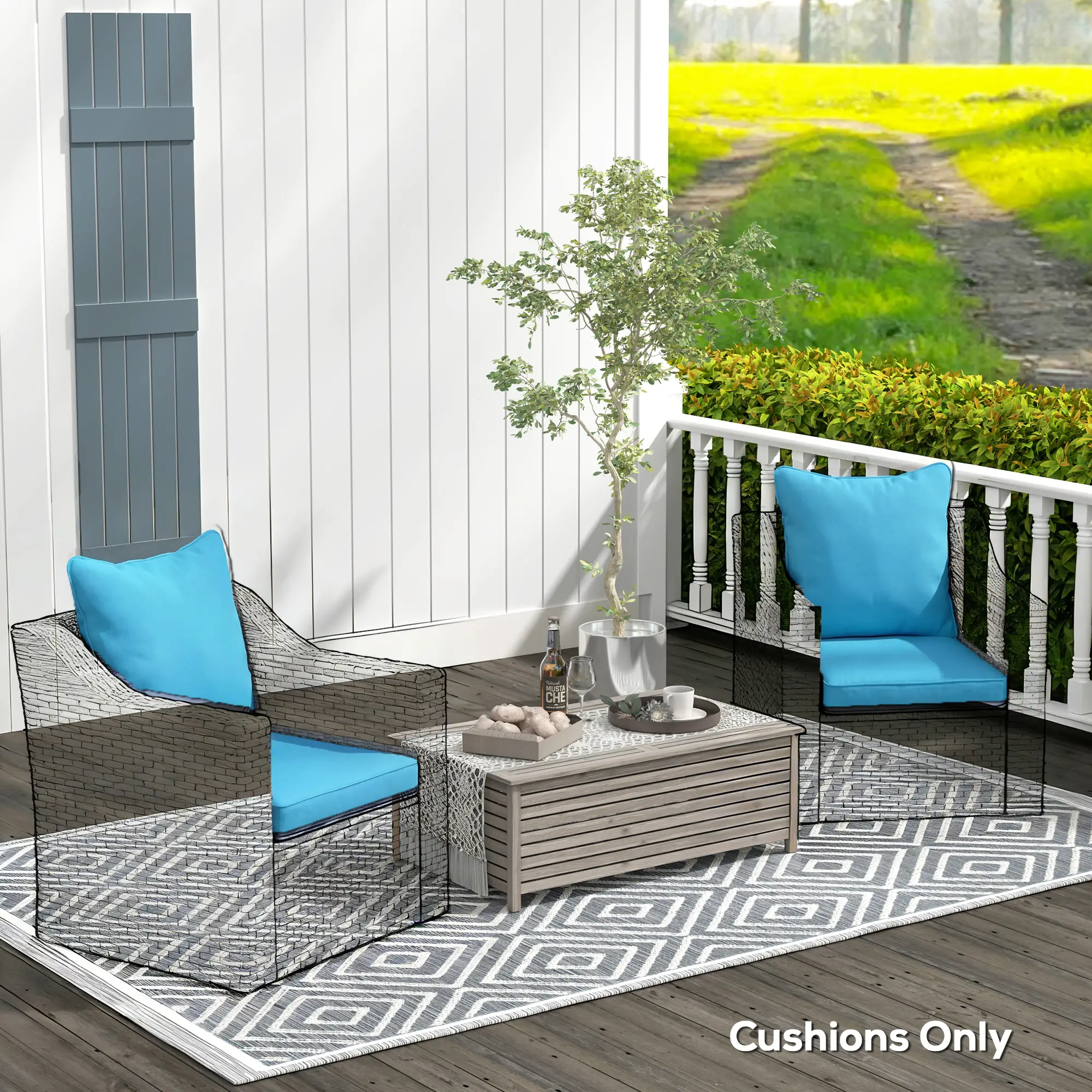 Patio Chair Cushions Set, 2 Seat Cushion Back Pillows, Turquoise - Image 9