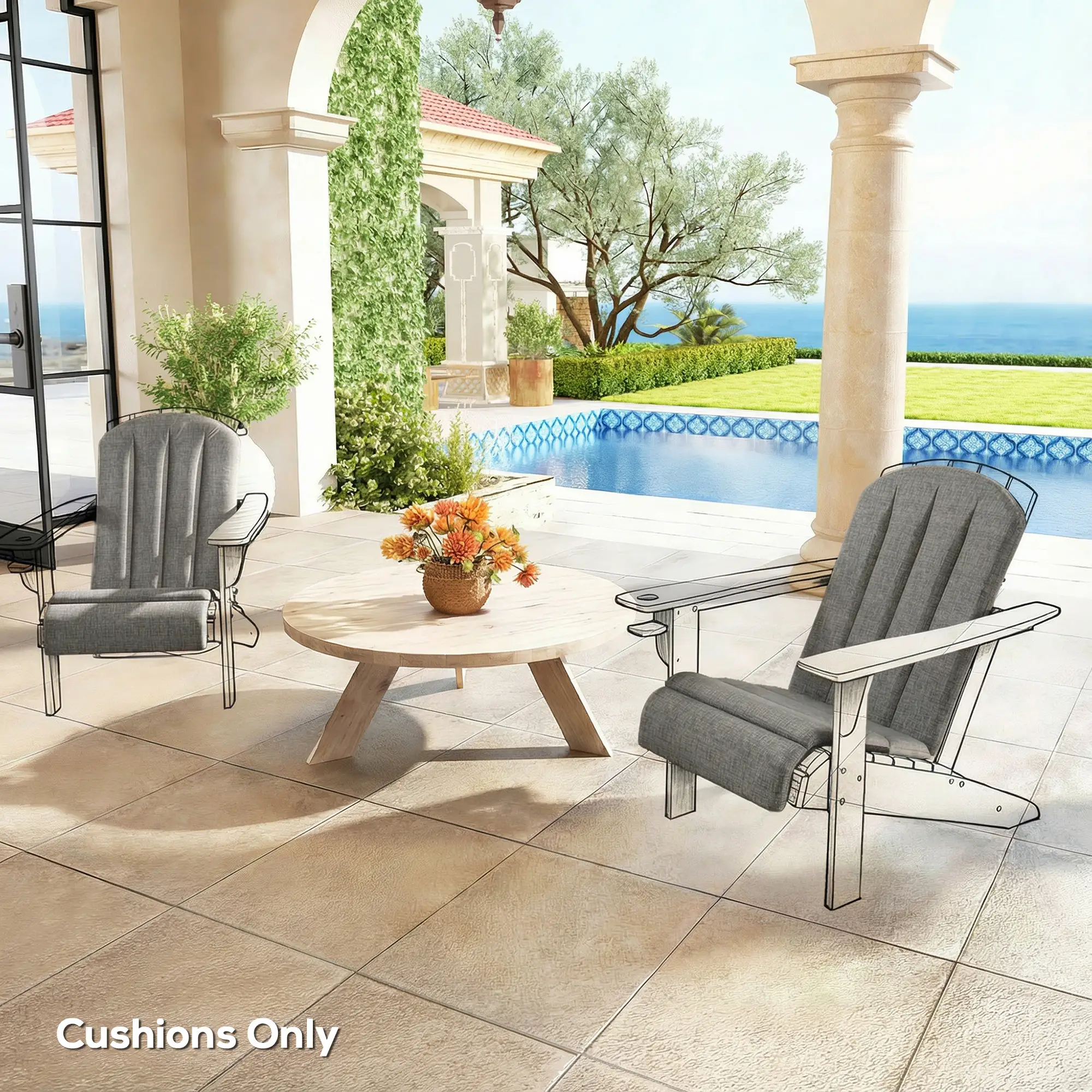 Patio Chair Cushions Set, High Back Adirondack, Dark Grey - Image 9