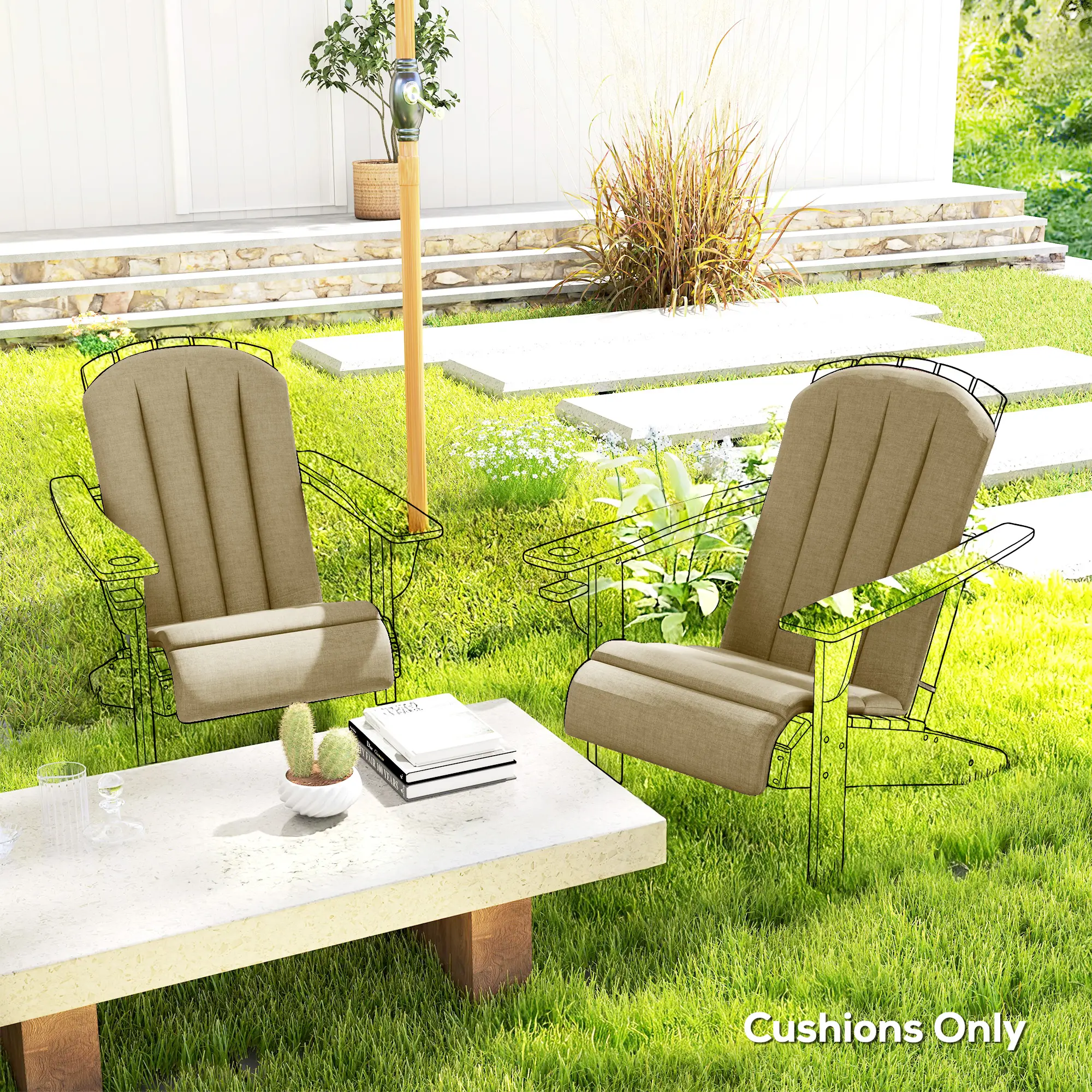 Patio Chair Cushions Set, High Back Adirondack, High-Density Foam, Beige - Image 2
