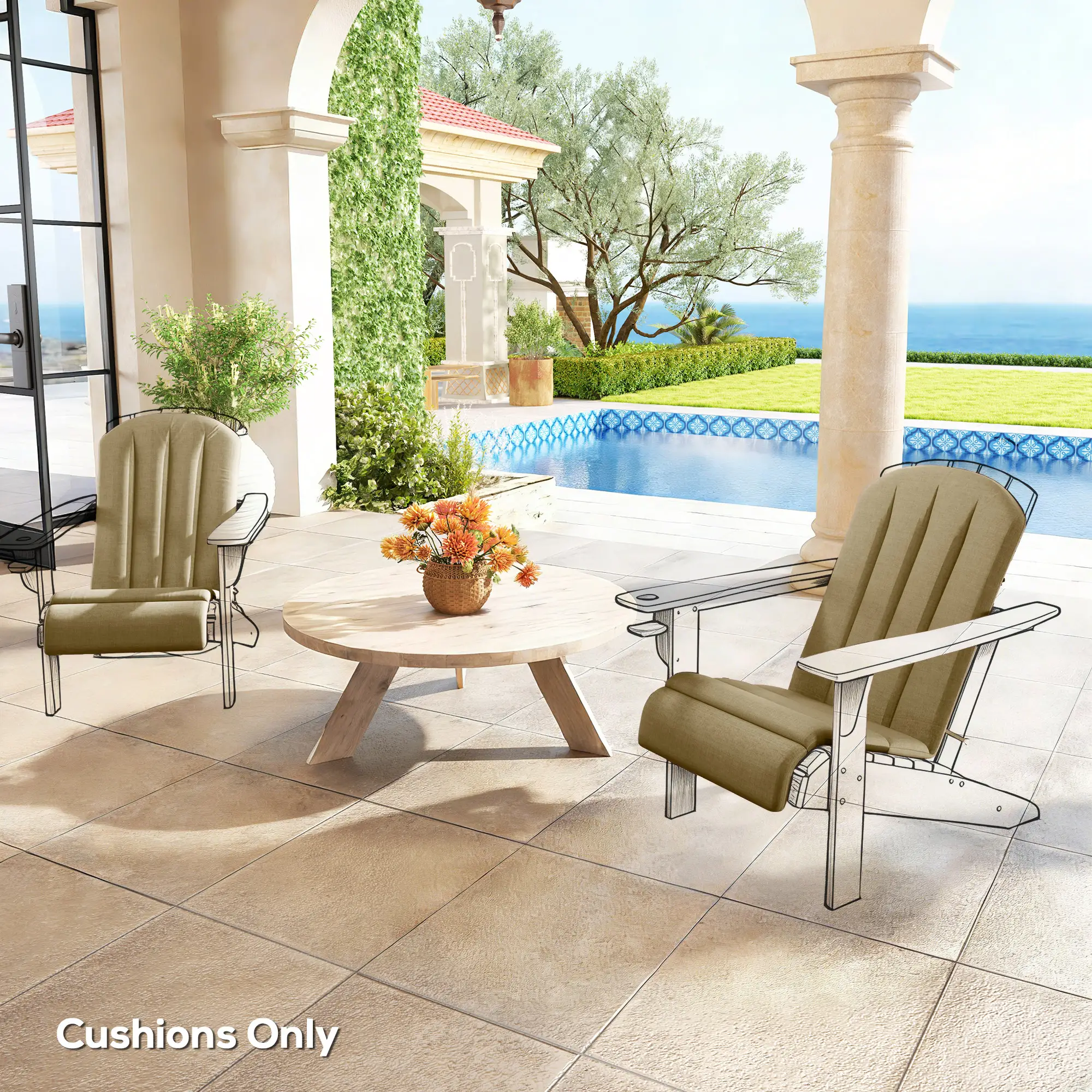 Patio Chair Cushions Set, High Back Adirondack, High-Density Foam, Beige - Image 9