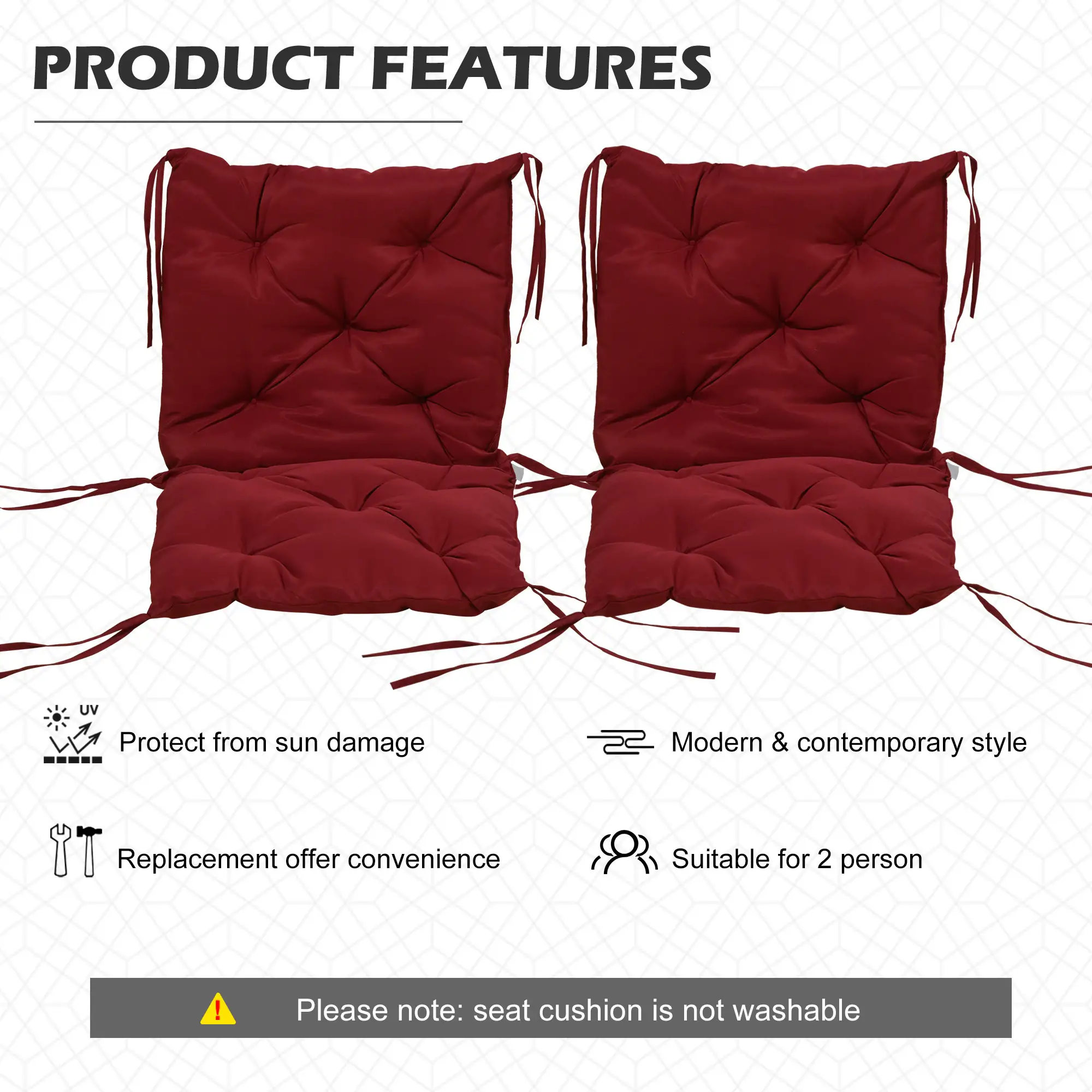 Patio Chair Cushions, Set of 2, 39" x 20" x 3", Wine Red - Image 5