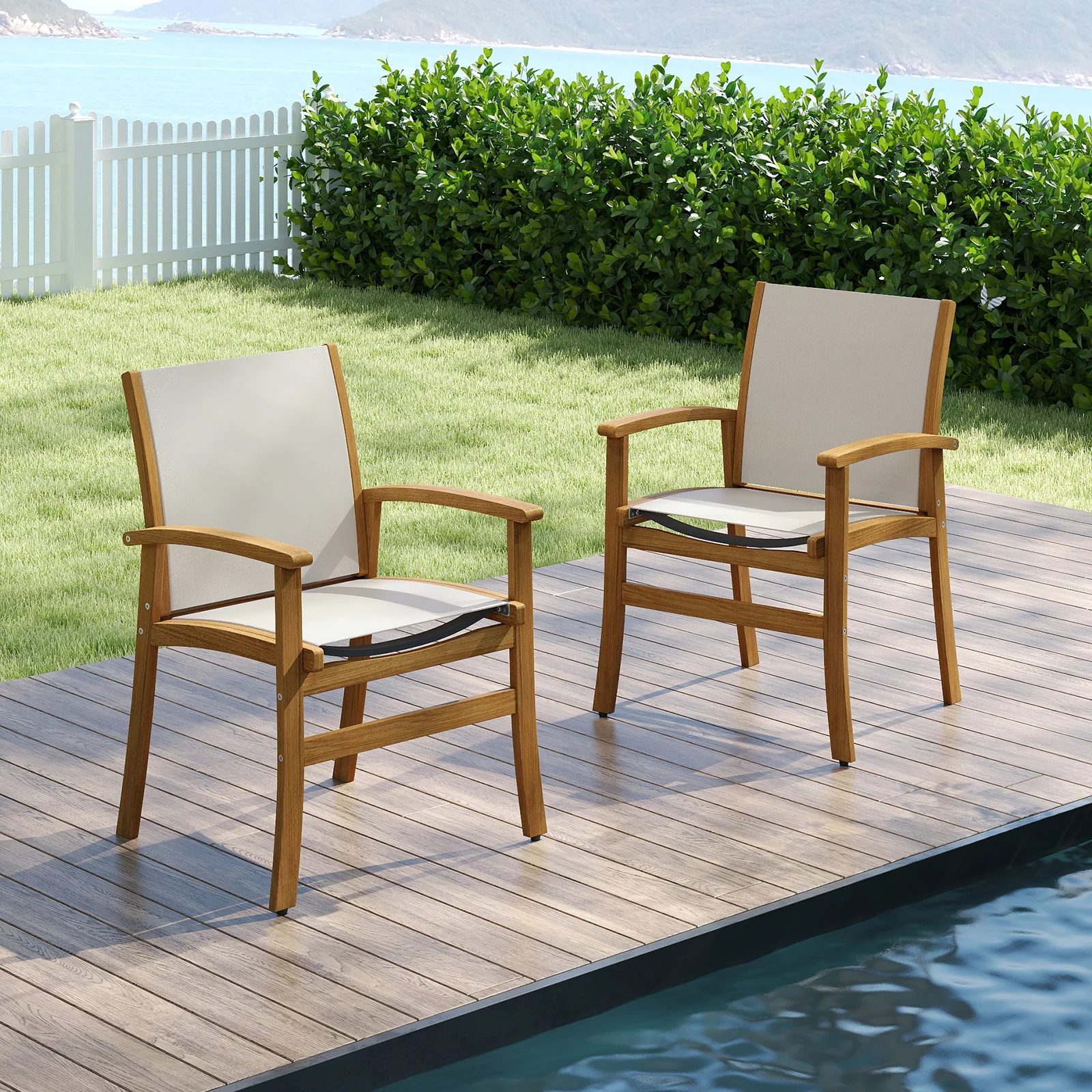 Patio Chairs Set of 2 Acacia Wood Armchairs with Breathable Fabric Back and Seat, Yellow - Image 2