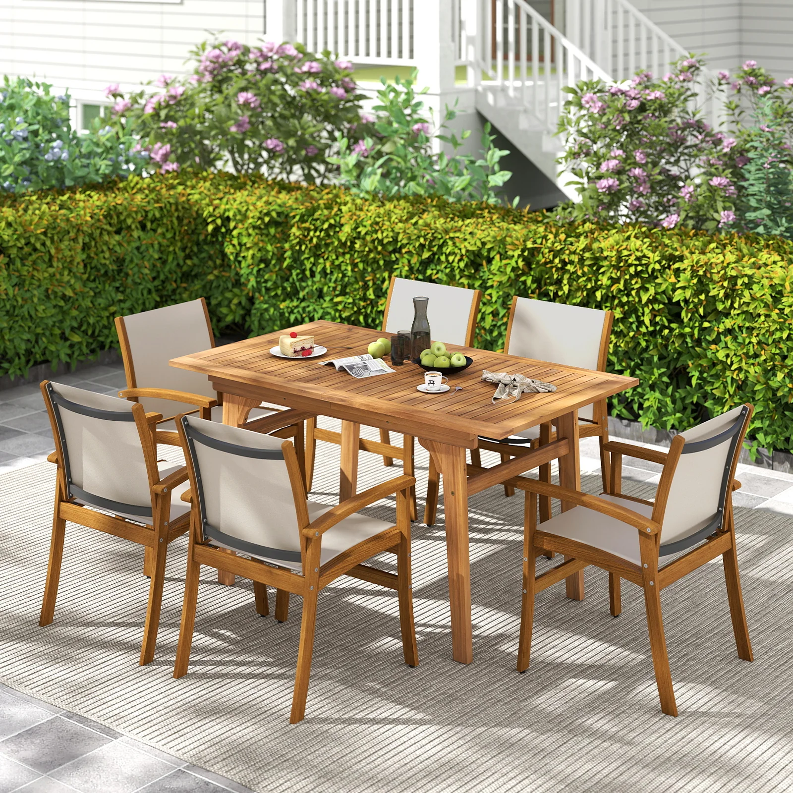 Patio Chairs Set of 2 Acacia Wood Armchairs with Breathable Fabric Back and Seat, Yellow - Image 3