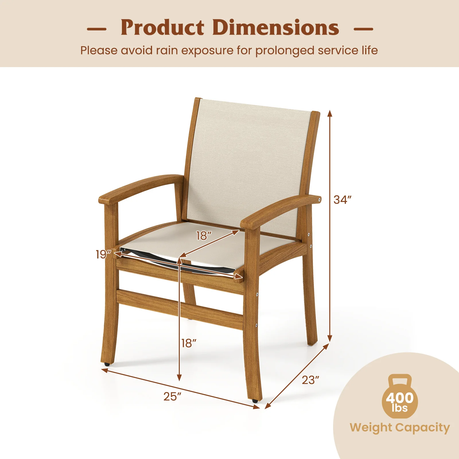 Patio Chairs Set of 2 Acacia Wood Armchairs with Breathable Fabric Back and Seat, Yellow - Image 5