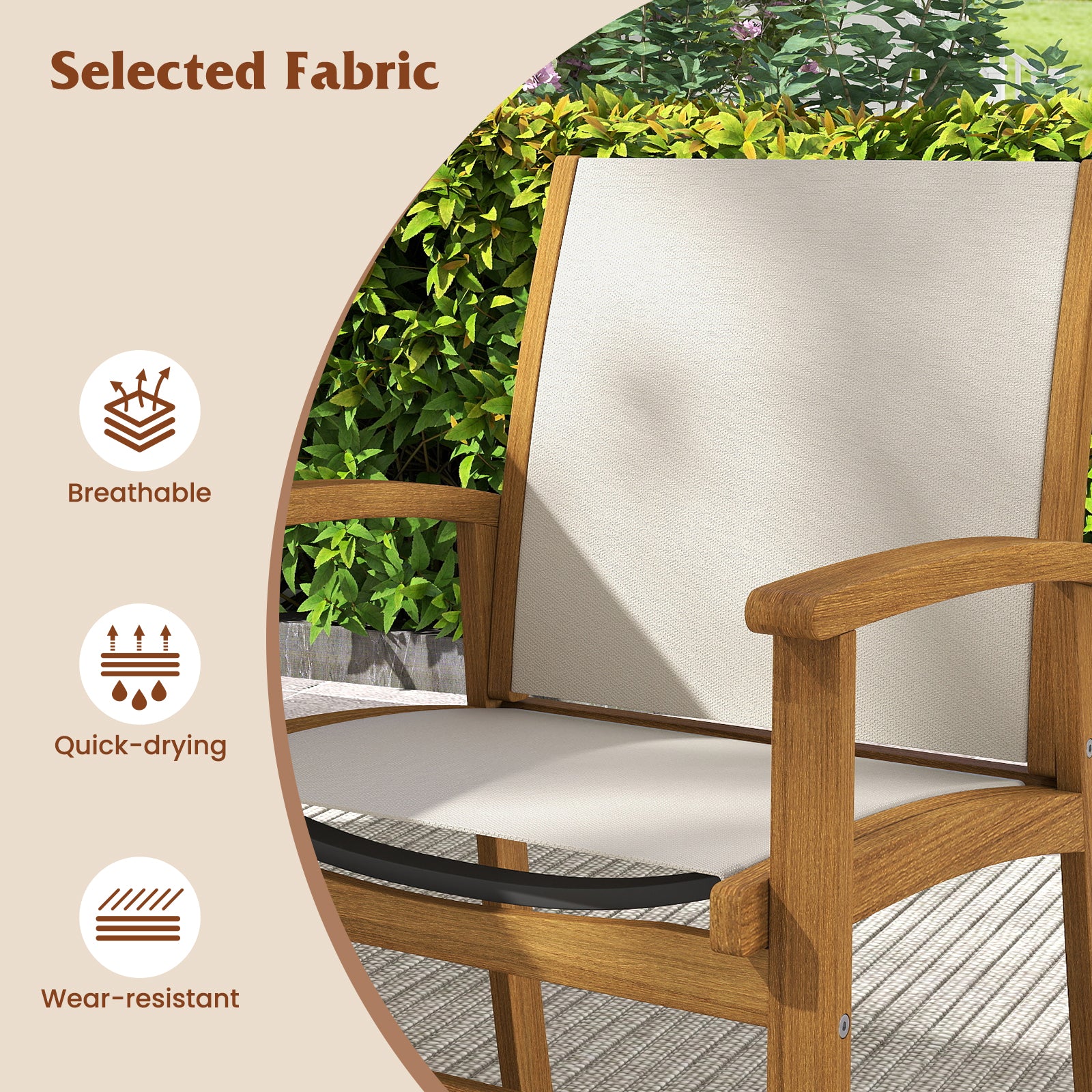 Patio Chairs Set of 2 Acacia Wood Armchairs with Breathable Fabric Back and Seat, Yellow - Image 6