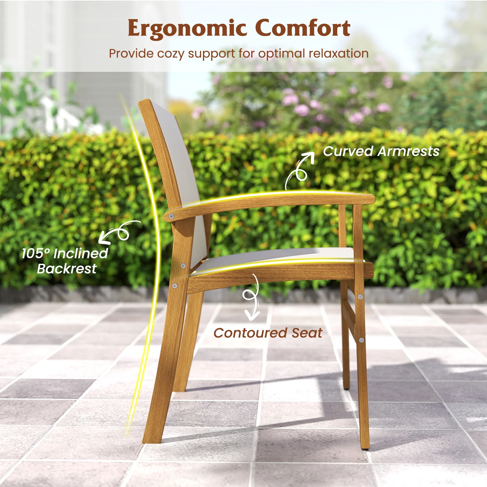 Patio Chairs Set of 2 Acacia Wood Armchairs with Breathable Fabric Back and Seat, Yellow - Image 7