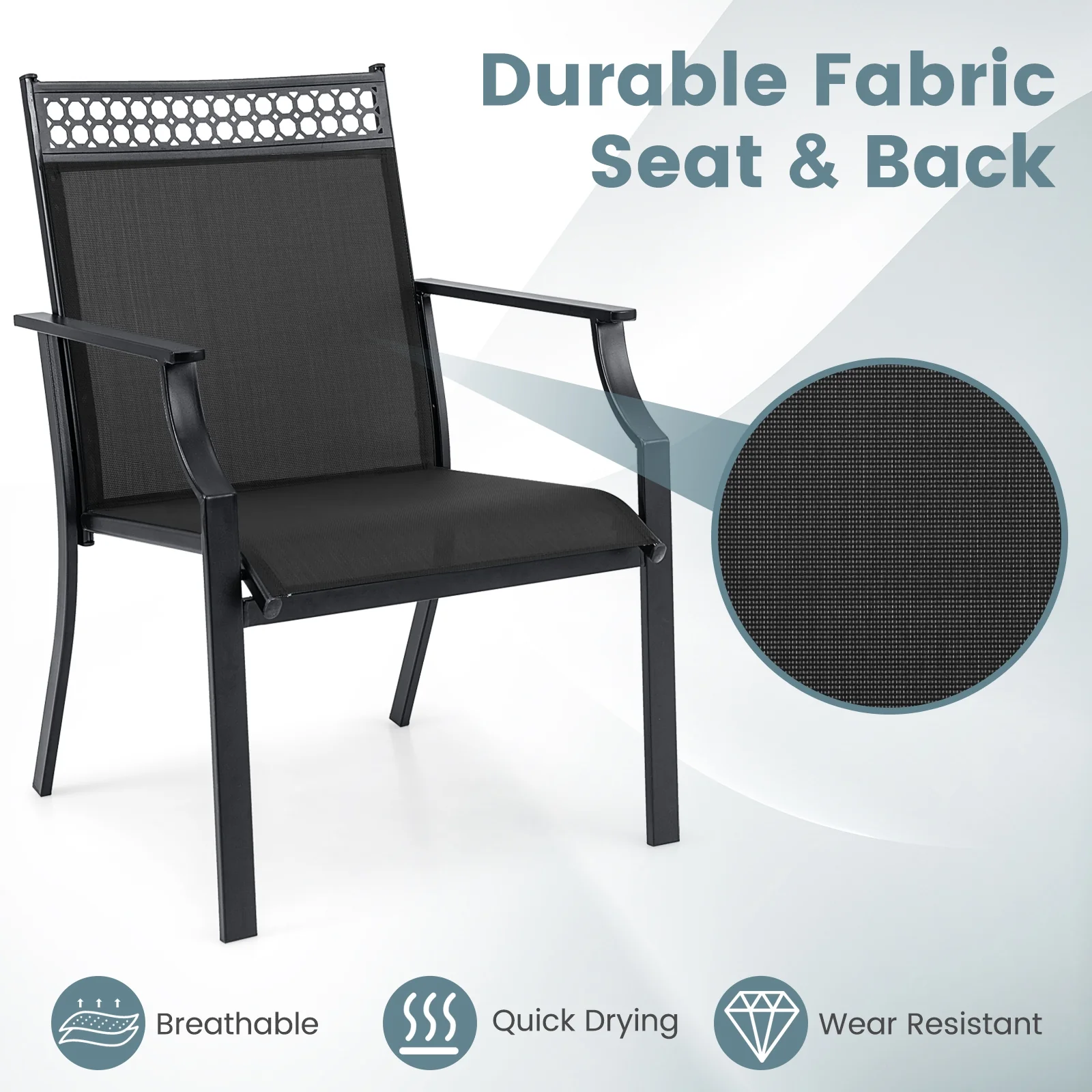 Patio Chairs Set Of 2, All Weather Breathable Fabric, Black - Image 10