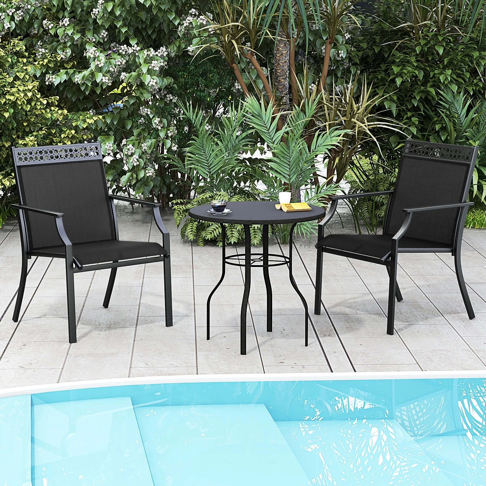 Patio Chairs Set Of 2, All Weather Breathable Fabric, Black - Image 3