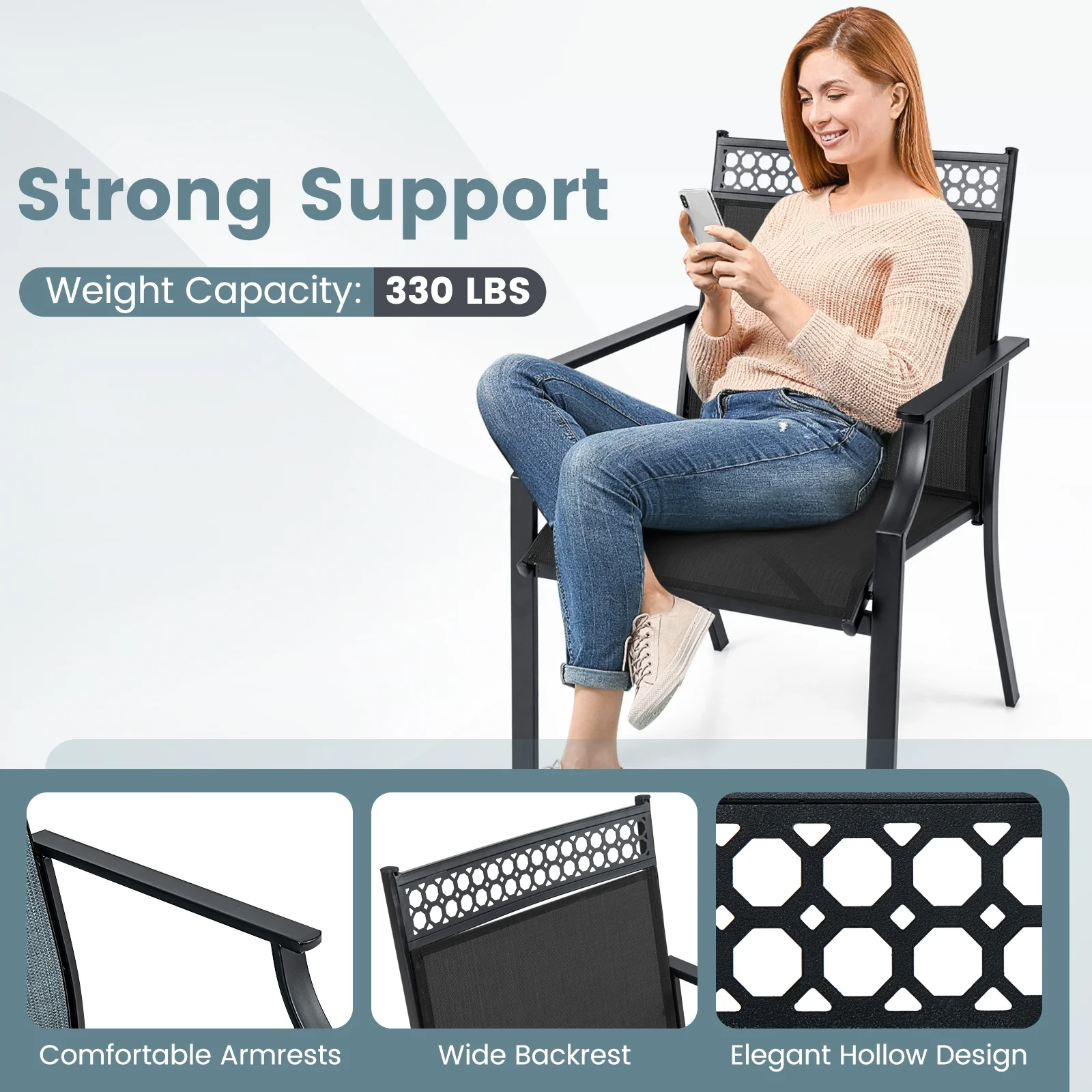 Patio Chairs Set Of 2, All Weather Breathable Fabric, Black - Image 5