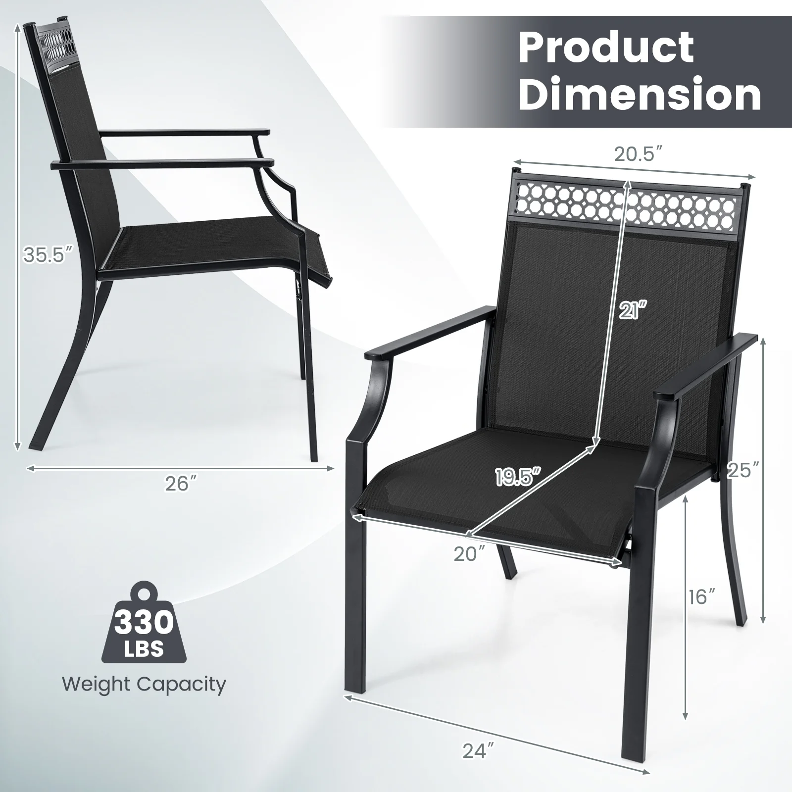 Patio Chairs Set Of 2, All Weather Breathable Fabric, Black - Image 6