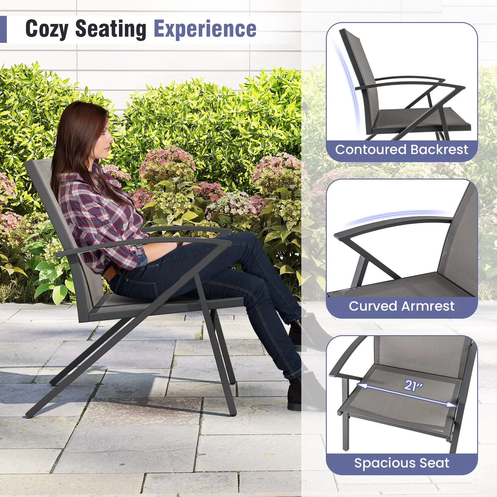 Patio Chairs Set of 2, Heavy Duty Metal Frame, Gray - Image 8