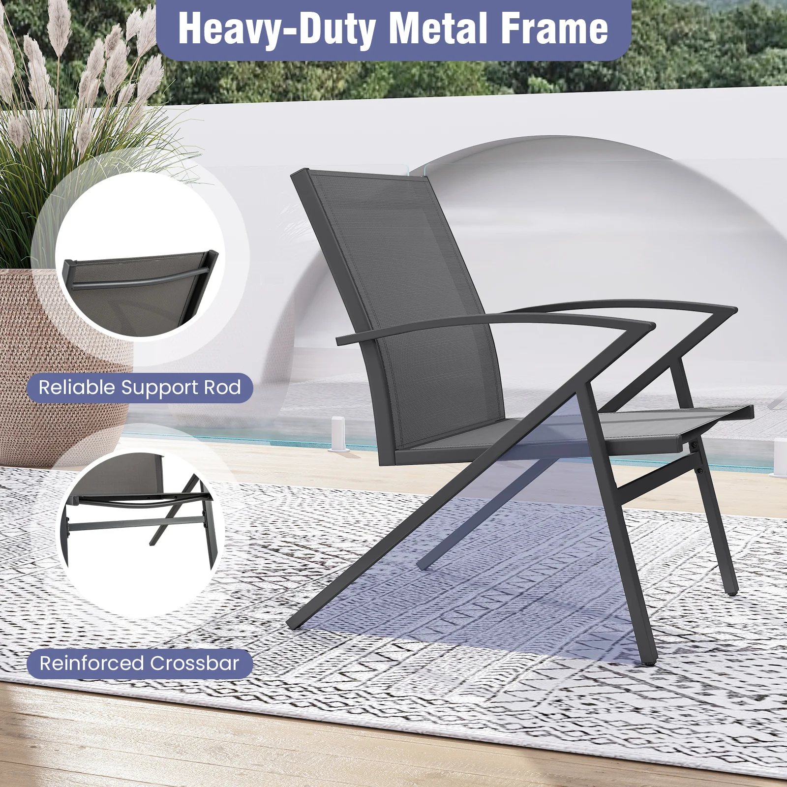 Patio Chairs Set of 2, Heavy Duty Metal Frame, Gray - Image 9