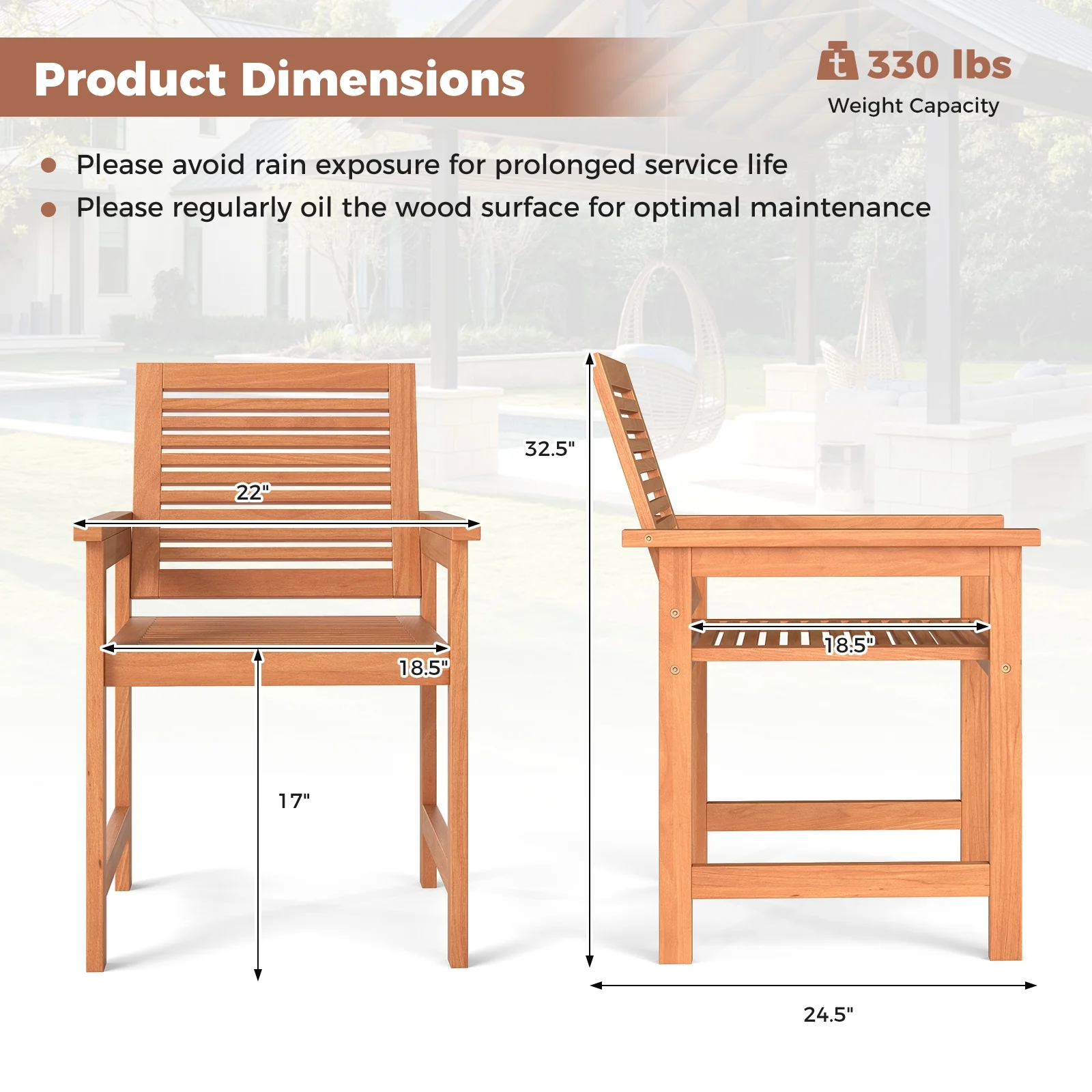 Patio Chairs Set of 2, Inclined Backrests, Slatted Seats, Natural - Image 4