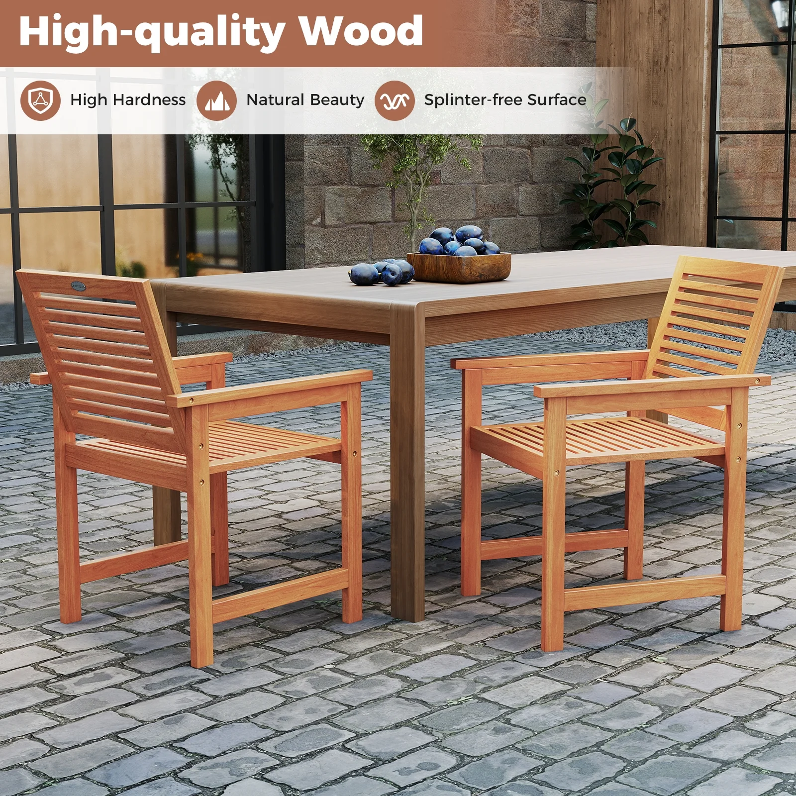 Patio Chairs Set of 2, Inclined Backrests, Slatted Seats, Natural - Image 5