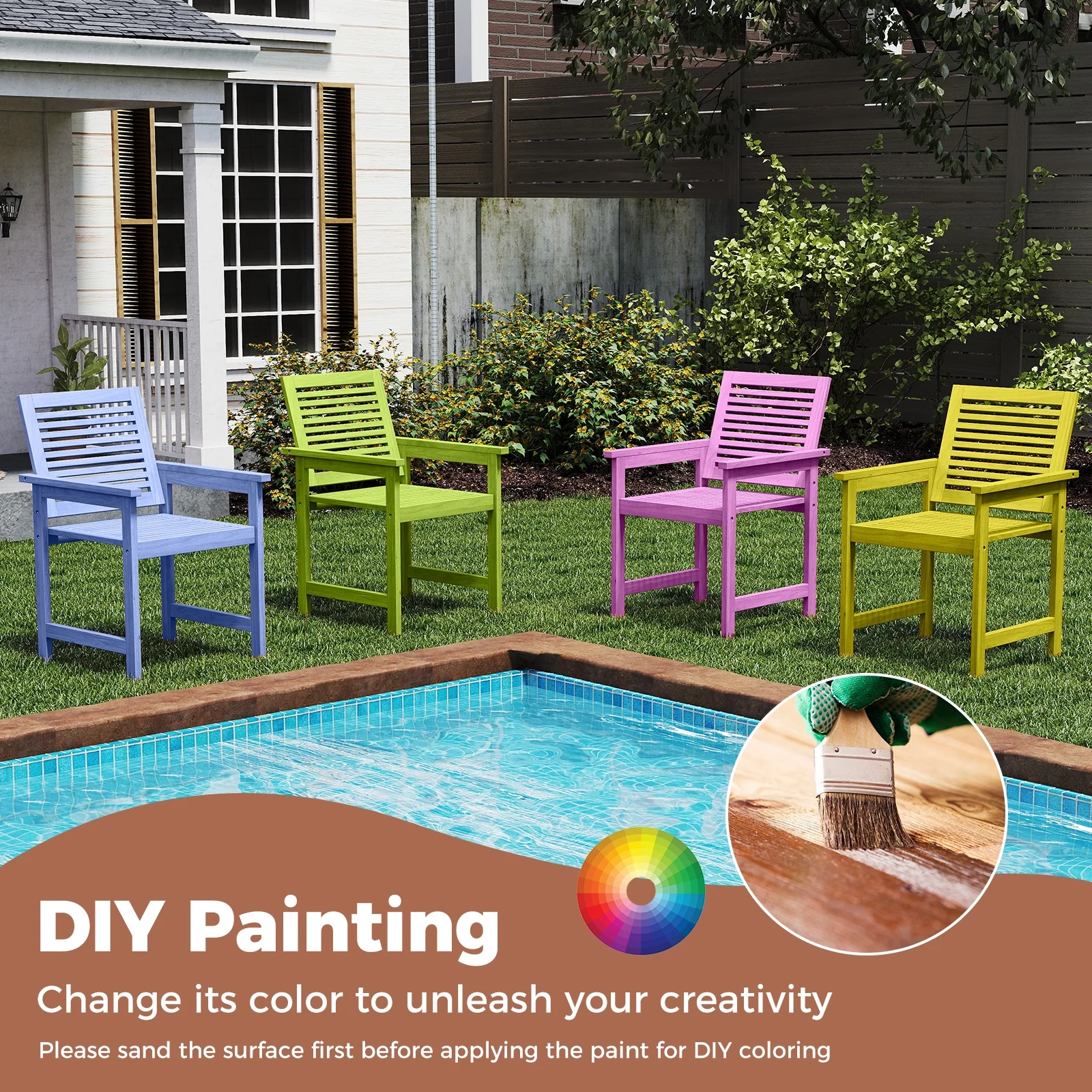 Patio Chairs Set of 2, Inclined Backrests, Slatted Seats, Natural - Image 6