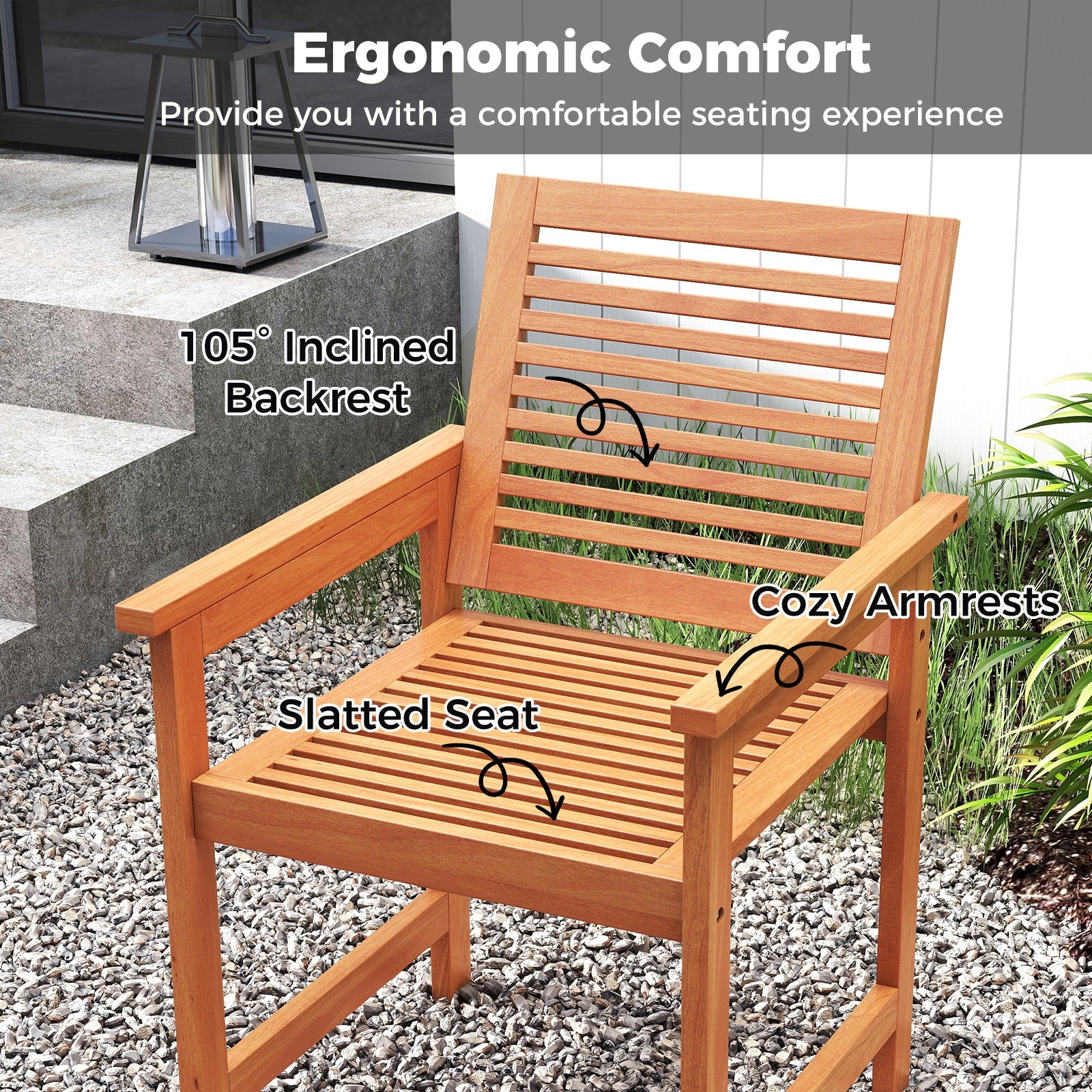 Patio Chairs Set of 2, Inclined Backrests, Slatted Seats, Natural - Image 7