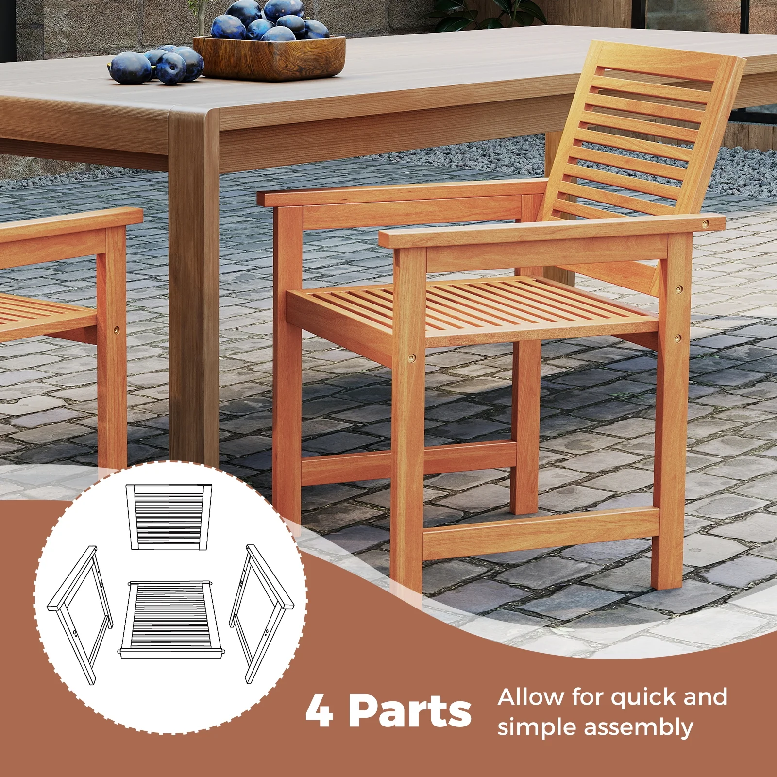 Patio Chairs Set of 2, Inclined Backrests, Slatted Seats, Natural - Image 9