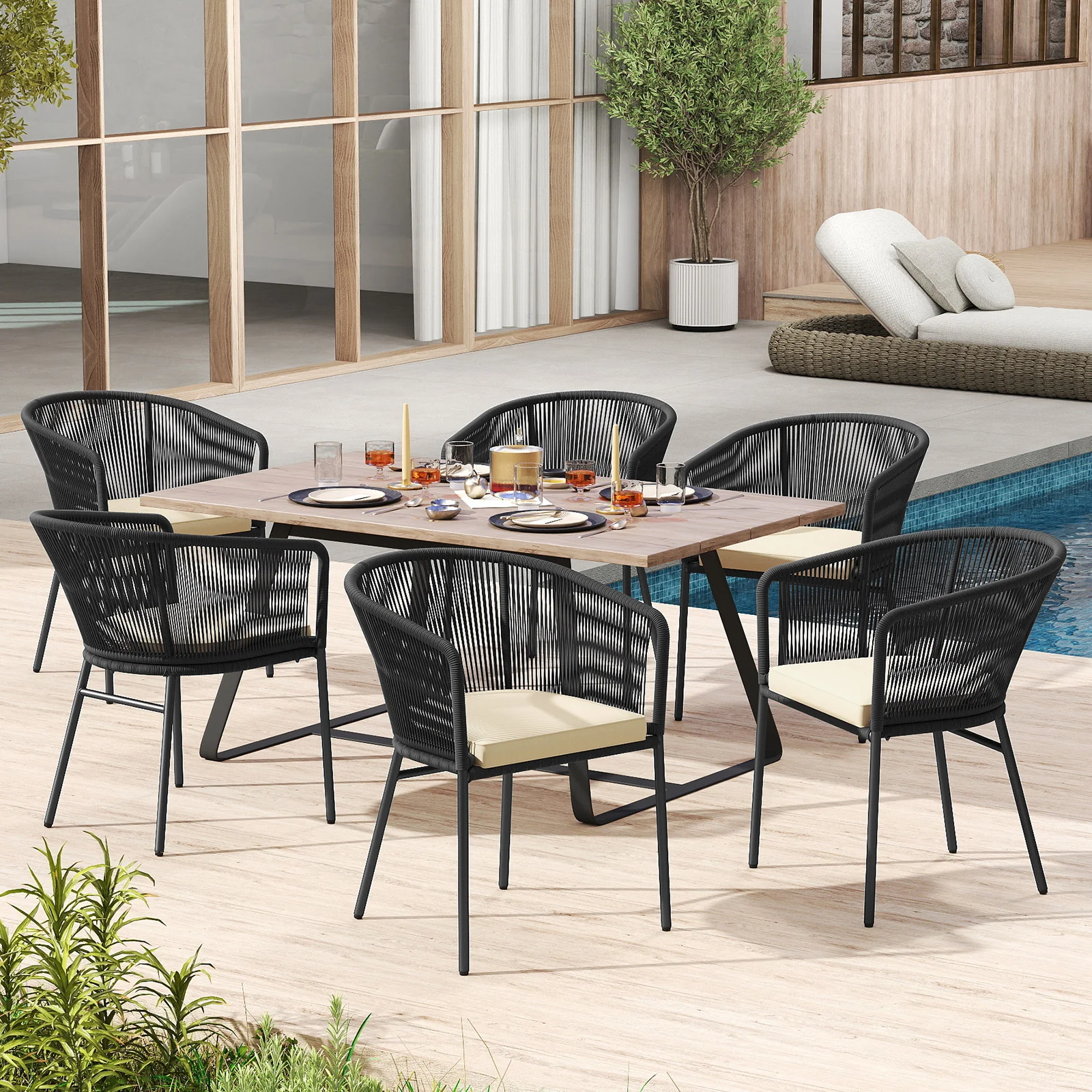 Patio Chairs Set of 4 with Seat Cushion and Curved Backrest for Patio, Black - Image 2
