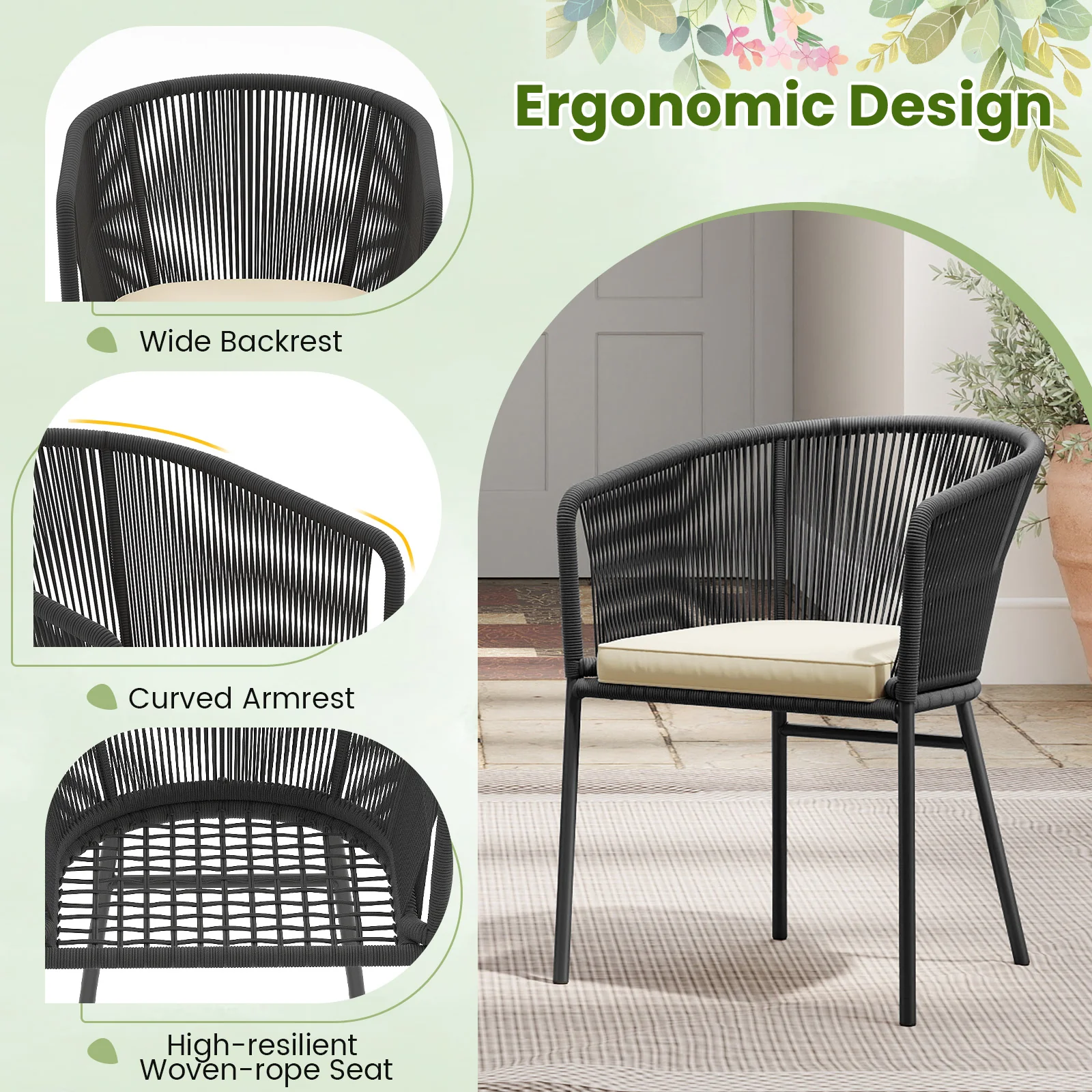 Patio Chairs Set of 4 with Seat Cushion and Curved Backrest for Patio, Black - Image 9