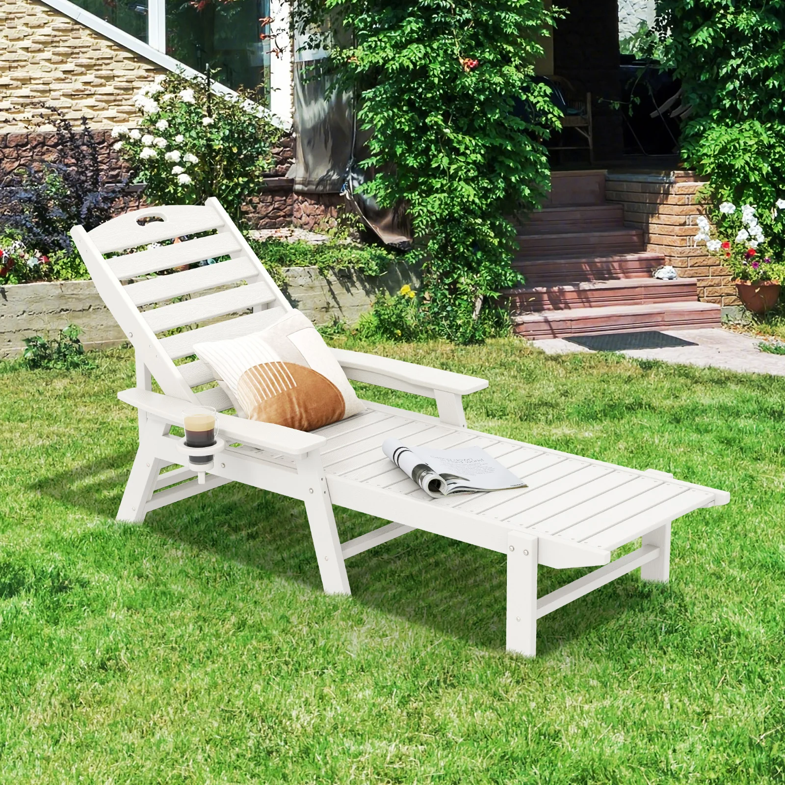 Patio Chaise Lounge Chair, 4 Position Backrest, White - Image 2