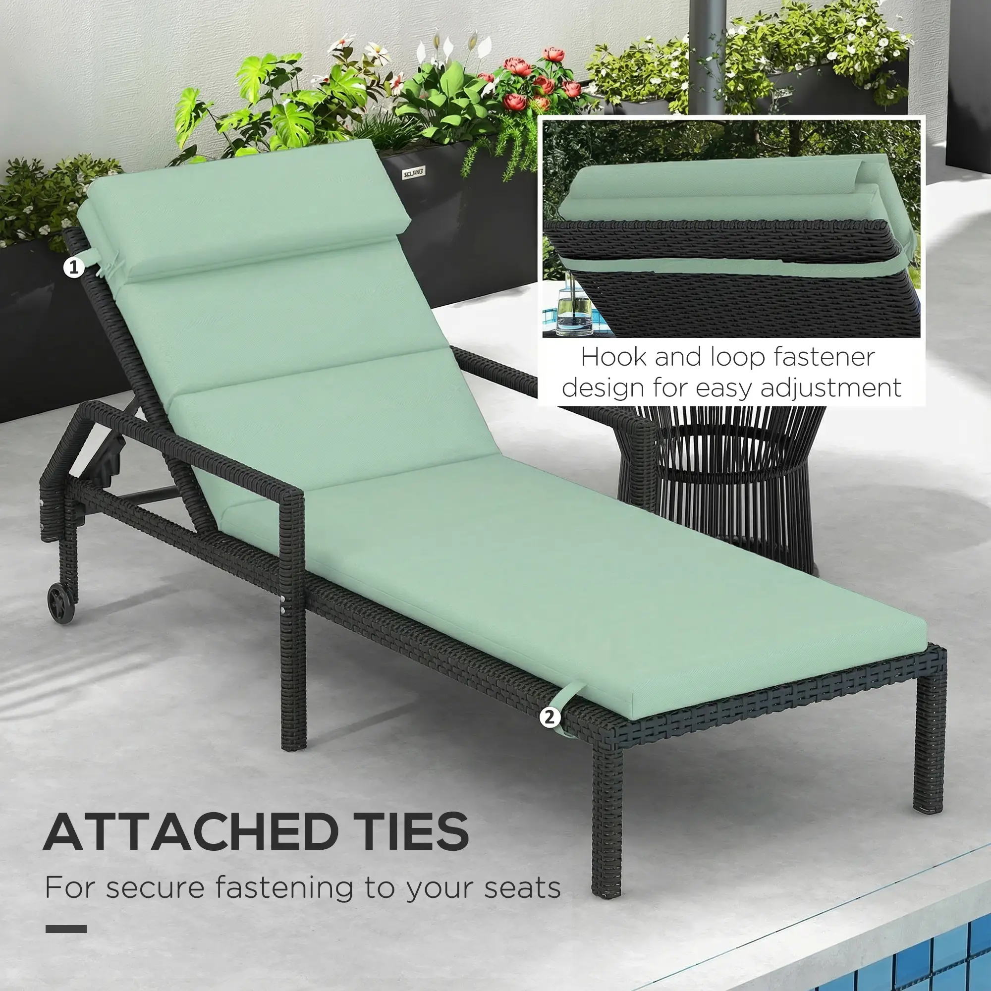 Patio Chaise Lounge Chair Cushion, With Headrest And Ties, Green - Image 6