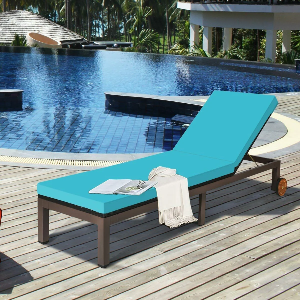 Patio Chaise Lounge Chair, Outdoor Rattan Recliner, Turquoise - Image 2