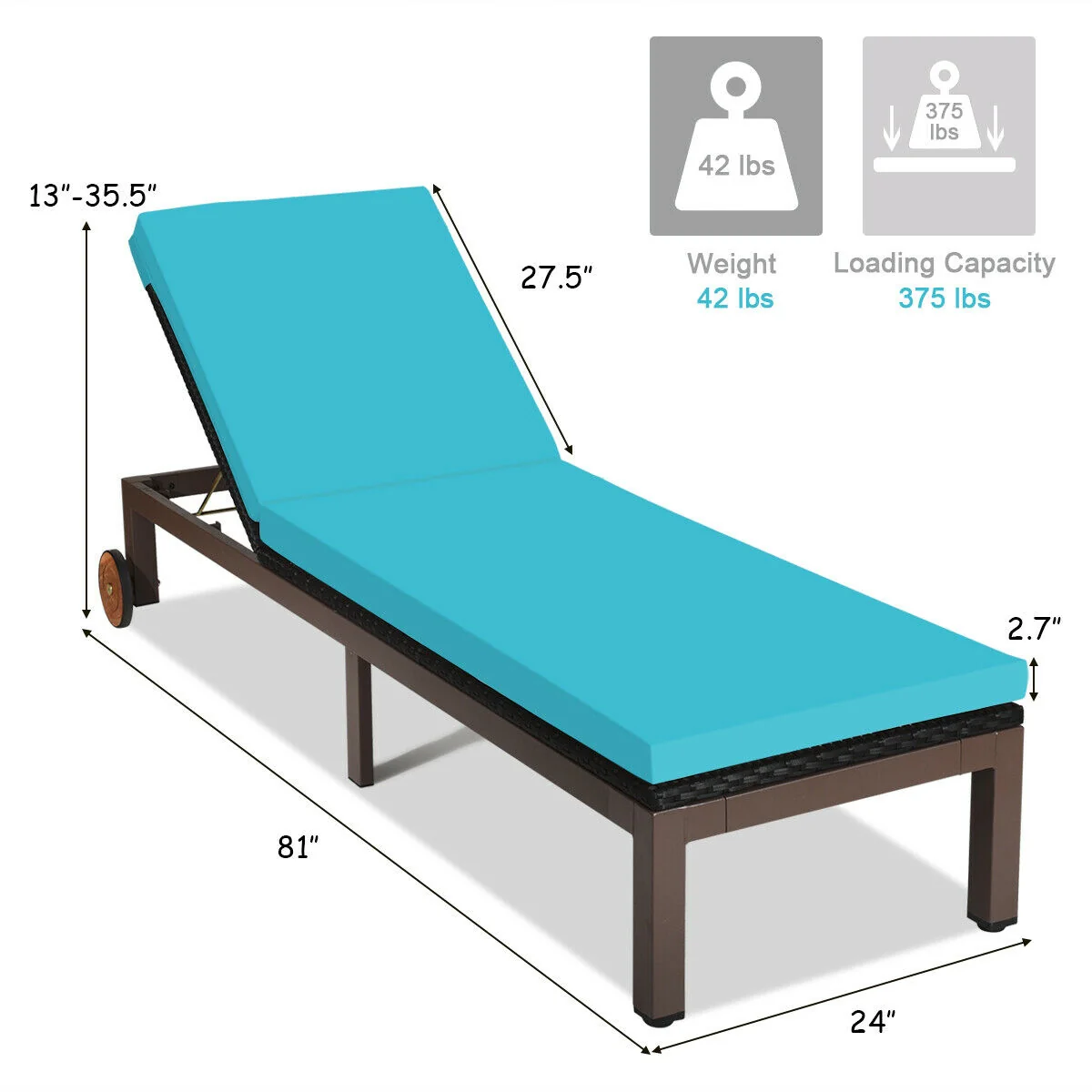 Patio Chaise Lounge Chair, Outdoor Rattan Recliner, Turquoise - Image 5