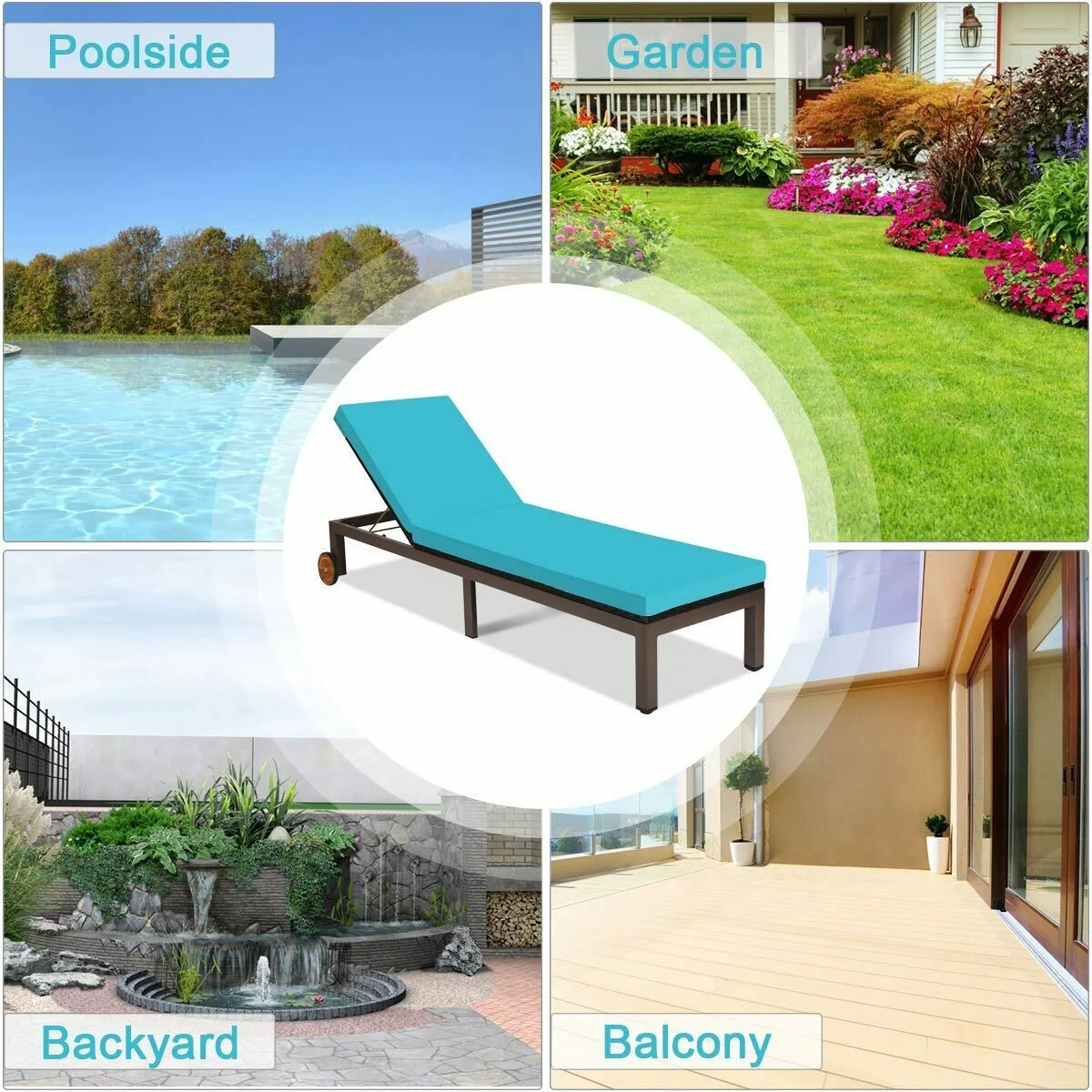 Patio Chaise Lounge Chair, Outdoor Rattan Recliner, Turquoise - Image 6