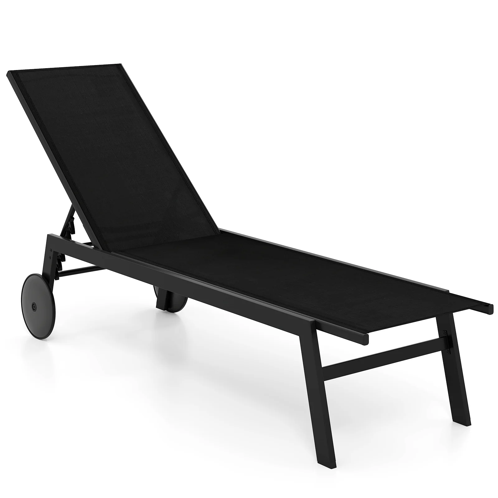 Patio Chaise Lounge Chair, Wheels, 6-Level Adjustable Backrest, Black