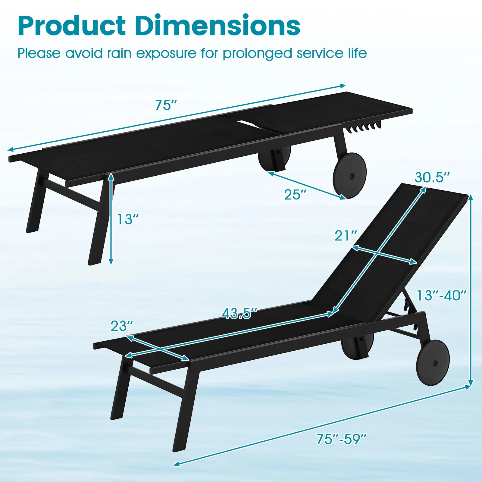 Patio Chaise Lounge Chair, Wheels, 6-Level Adjustable Backrest, Black - Image 4