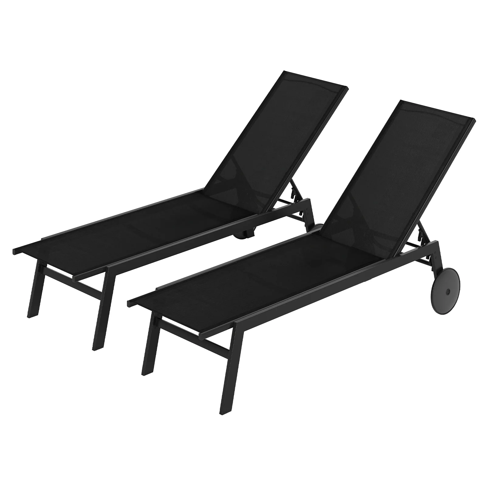 Patio Chaise Lounge Chair, Wheels, 6-Level Adjustable Backrest, Set of 2, Black