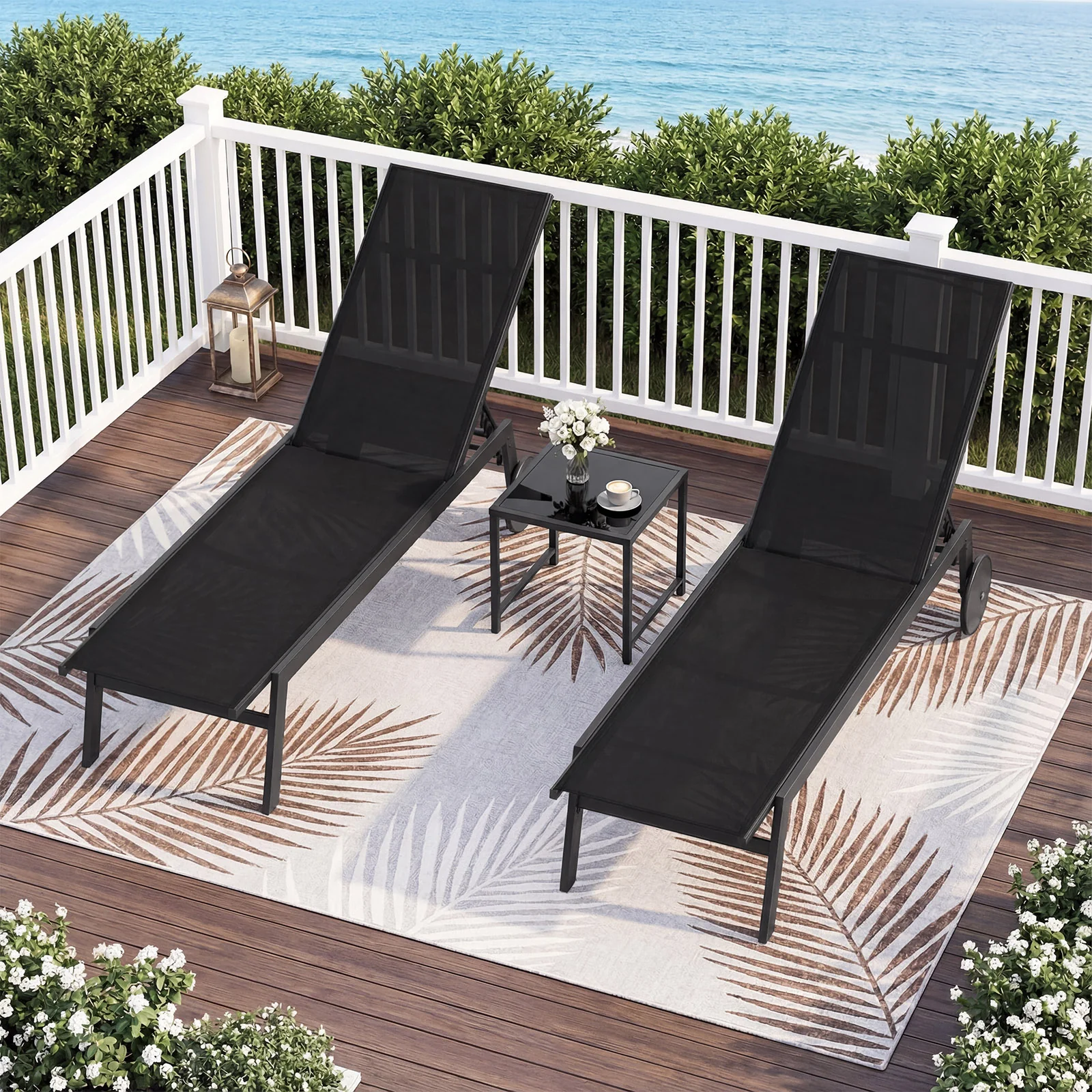 Patio Chaise Lounge Chair, Wheels, 6-Level Adjustable Backrest, Set of 2, Black - Image 2