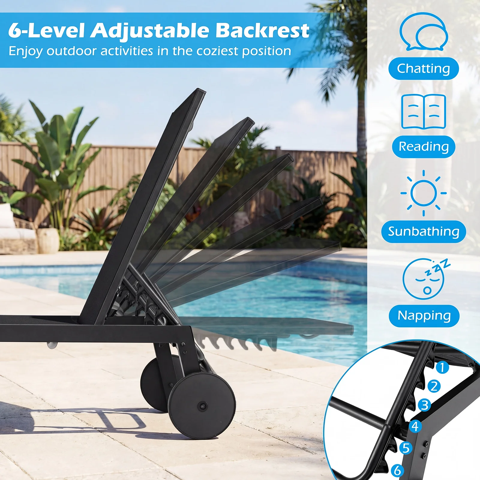 Patio Chaise Lounge Chair, Wheels, 6-Level Adjustable Backrest, Set of 2, Black - Image 5