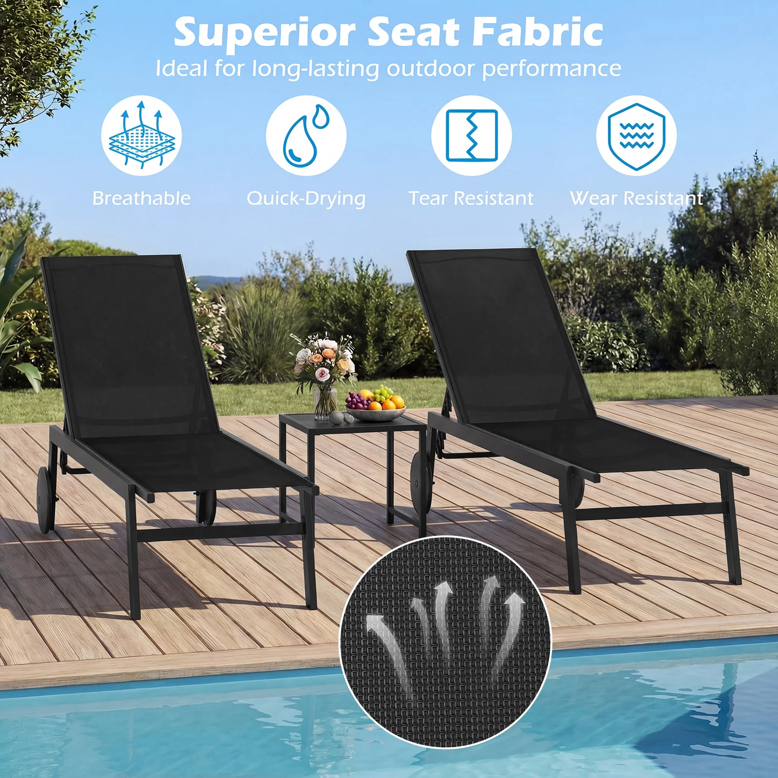 Patio Chaise Lounge Chair, Wheels, 6-Level Adjustable Backrest, Set of 2, Black - Image 6