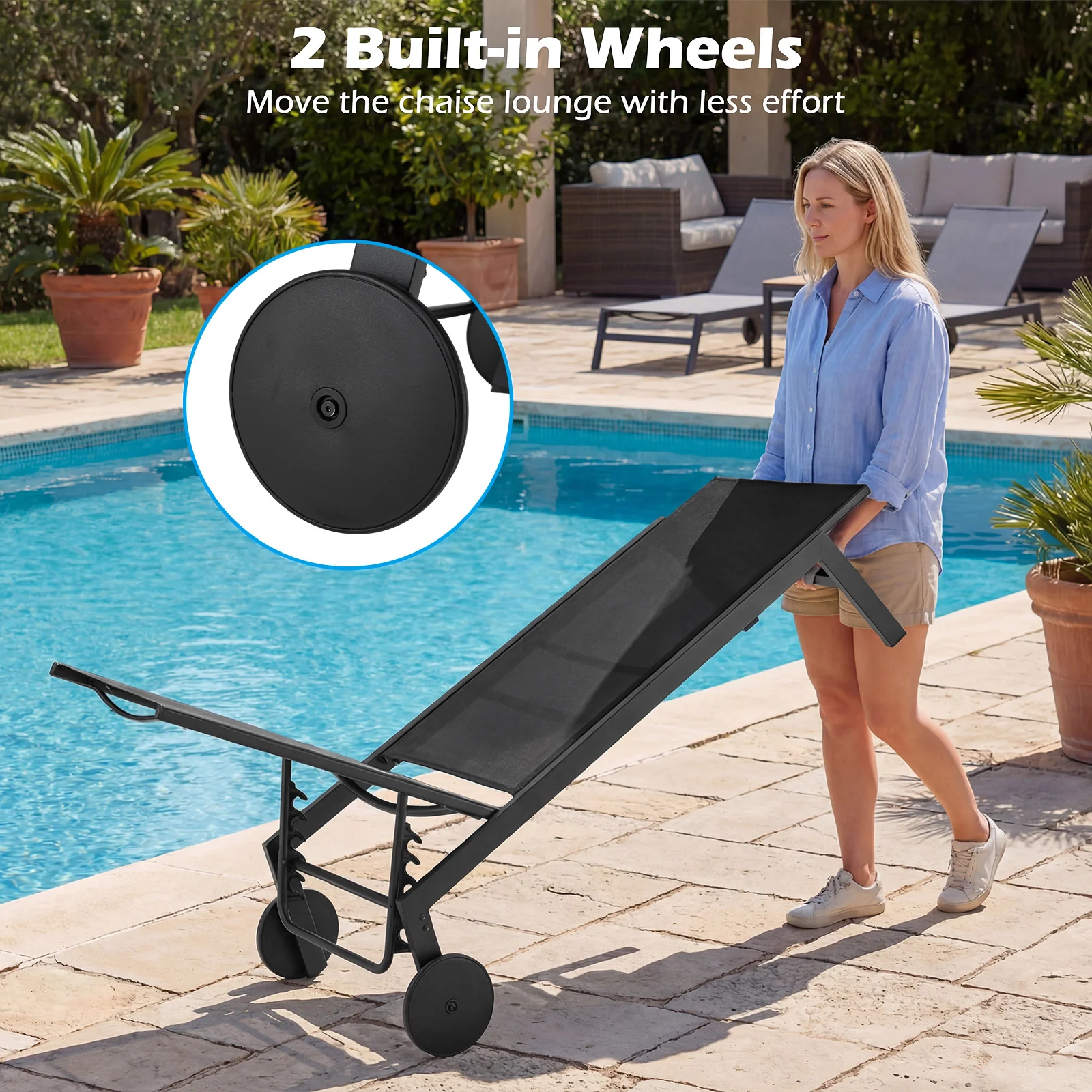 Patio Chaise Lounge Chair, Wheels, 6-Level Adjustable Backrest, Set of 2, Black - Image 7