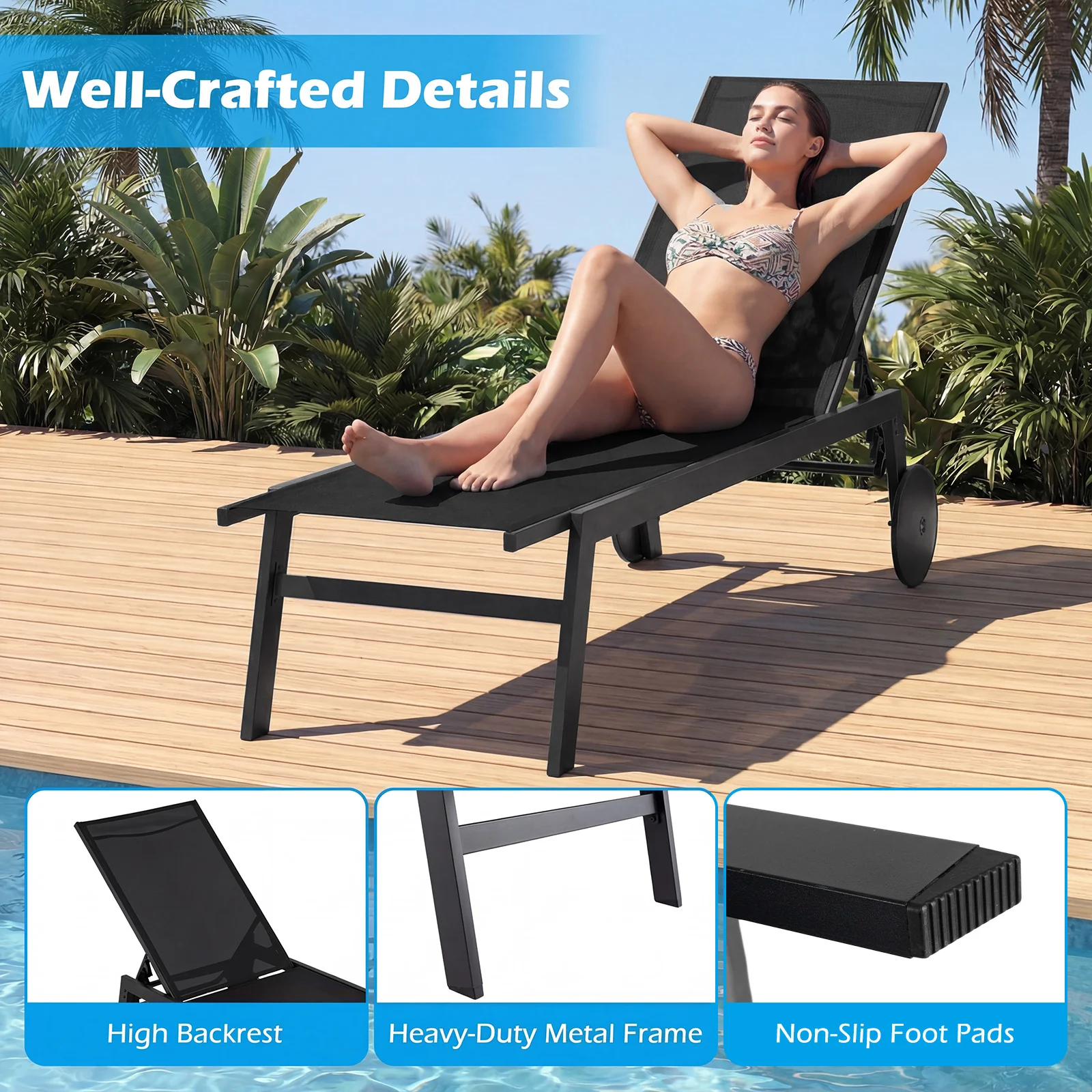 Patio Chaise Lounge Chair, Wheels, 6-Level Adjustable Backrest, Set of 2, Black - Image 8