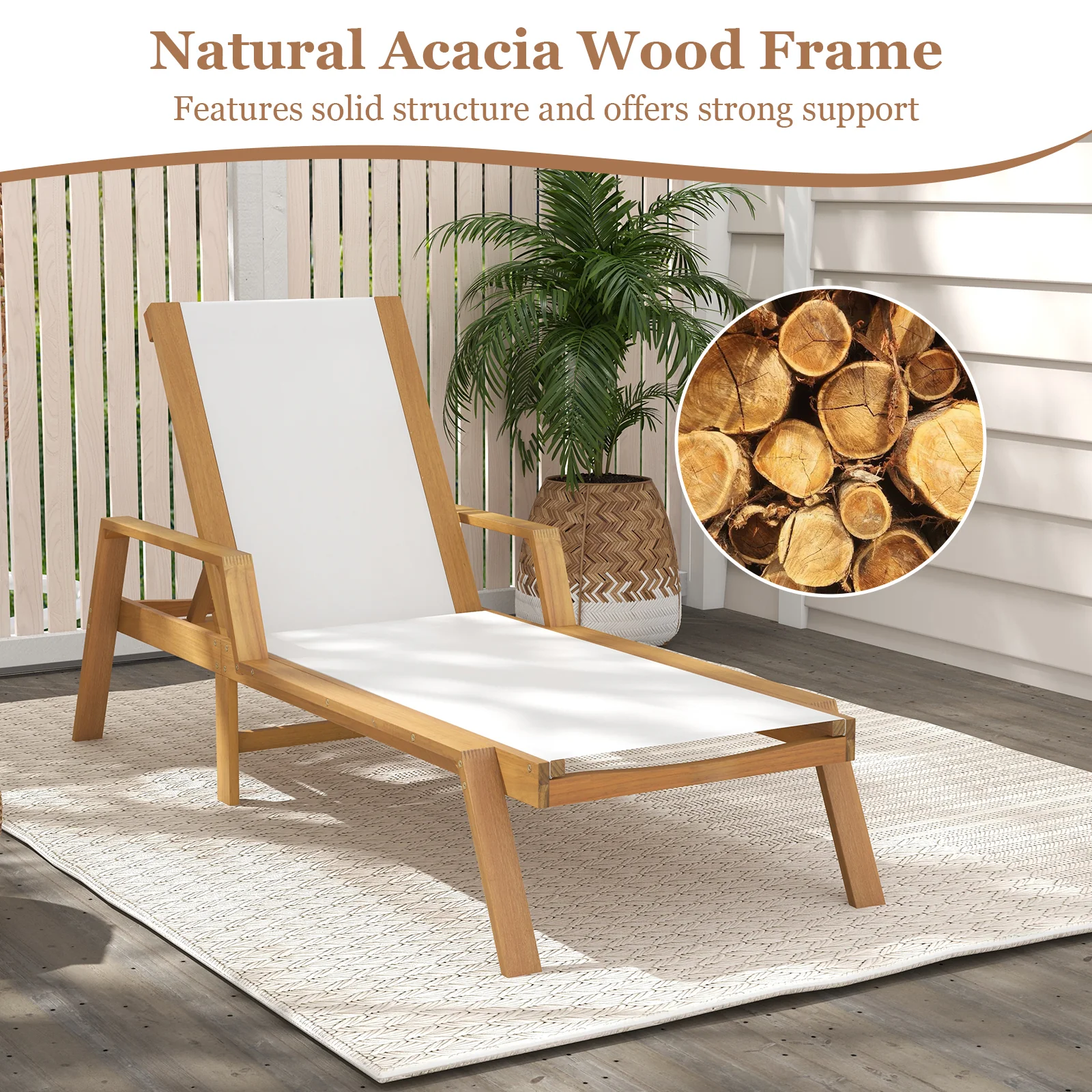 Patio Chaise Lounge Chair With Armrests, White - Image 9