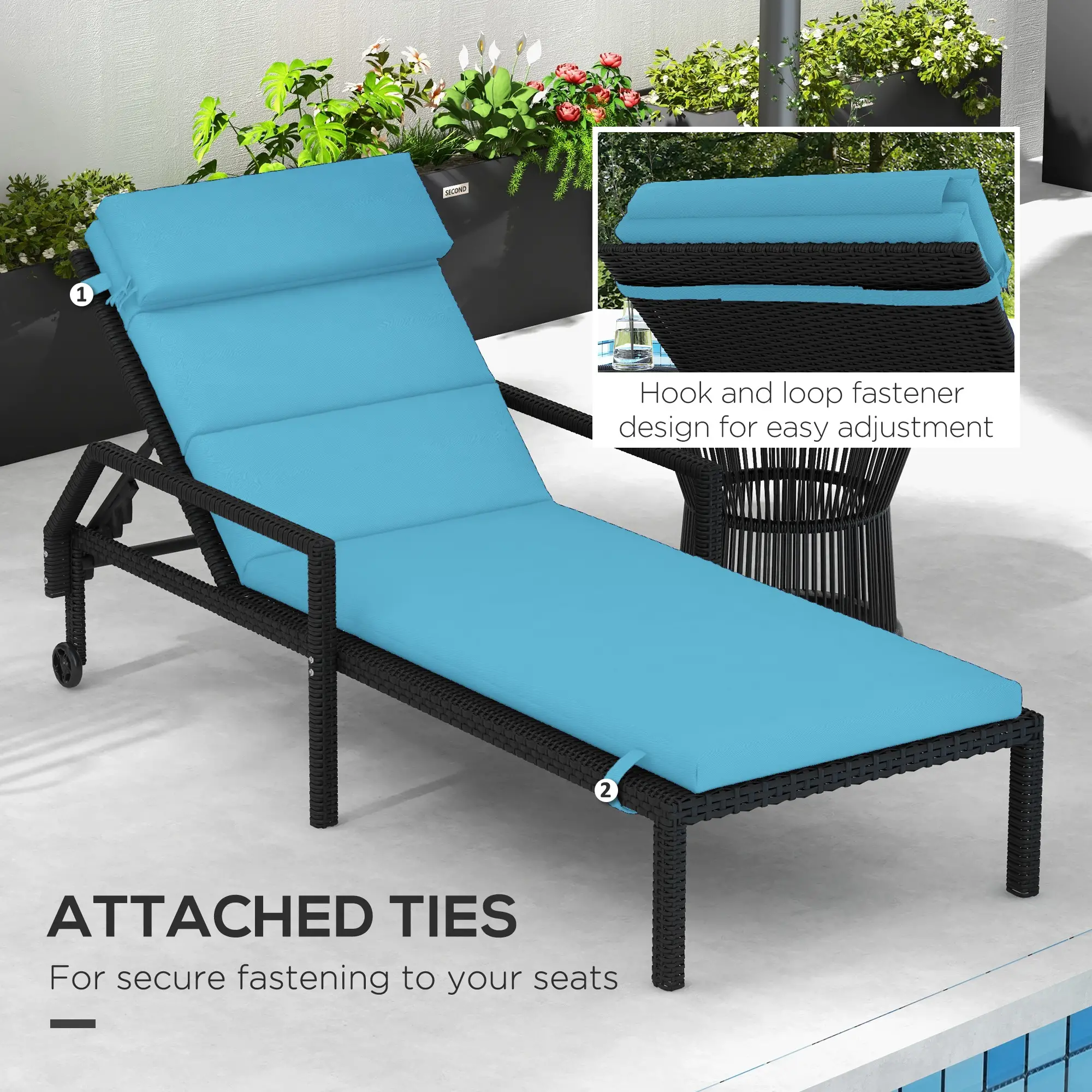 Patio Chaise Lounge Cushion, Sun Lounger Pad with Headrest, Turquoise - Image 6